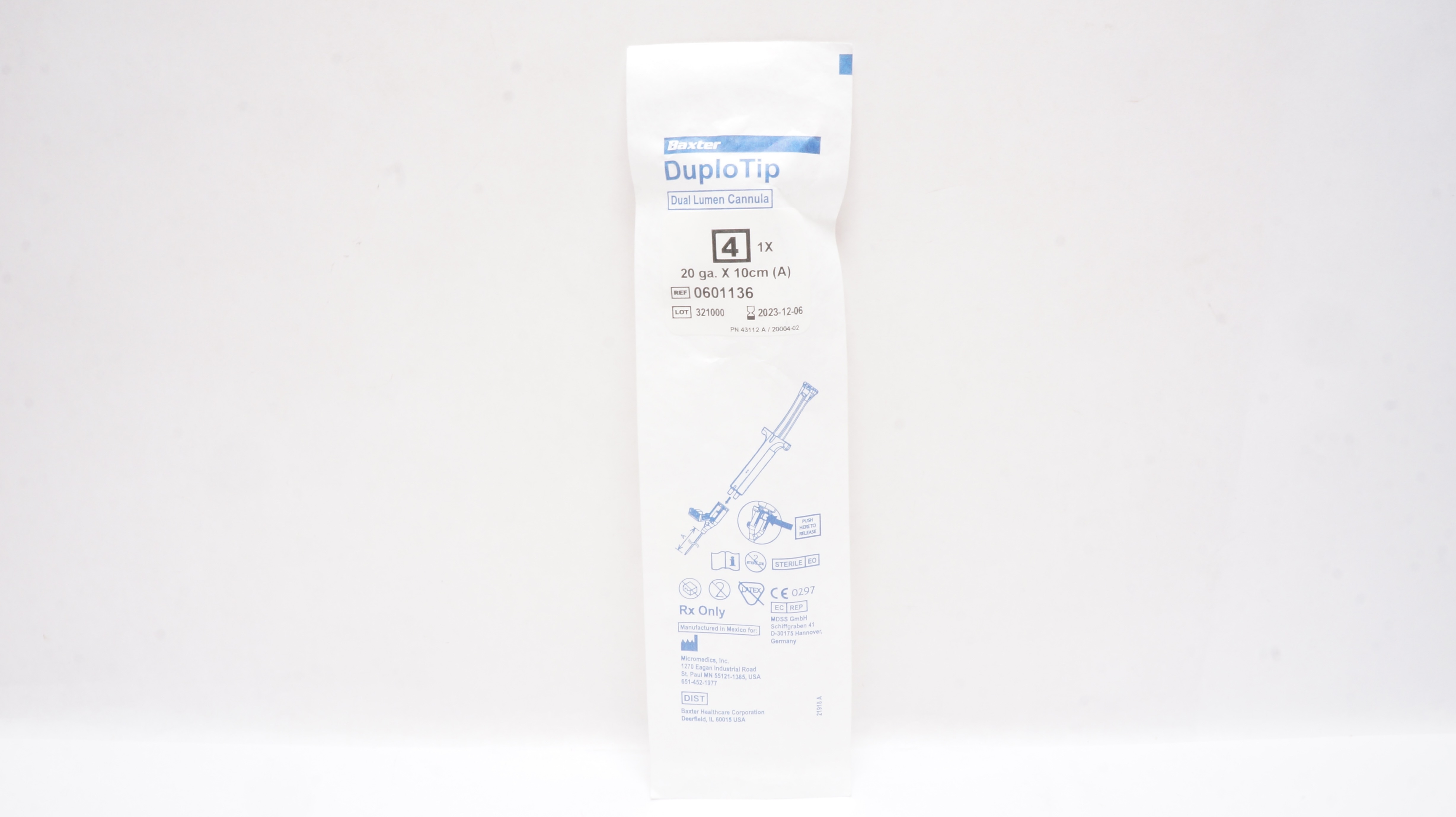 Baxter 0601136 DuploTip Dual Lumen Cannula 20 ga. x 10cm