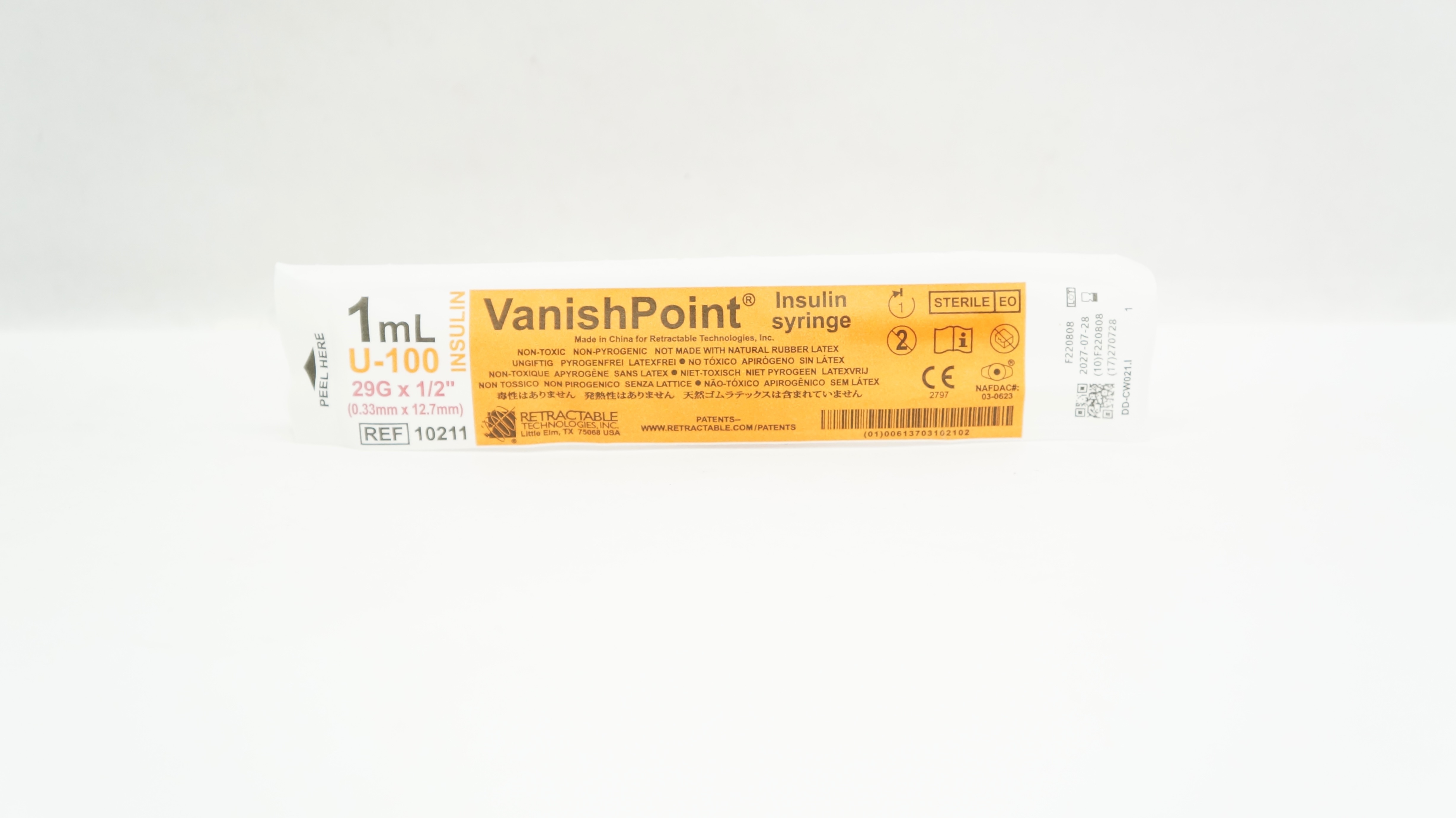 Retractable Technologies 10211 VanishPoint Insulin Syringe 1mL 29G x 1/2inch