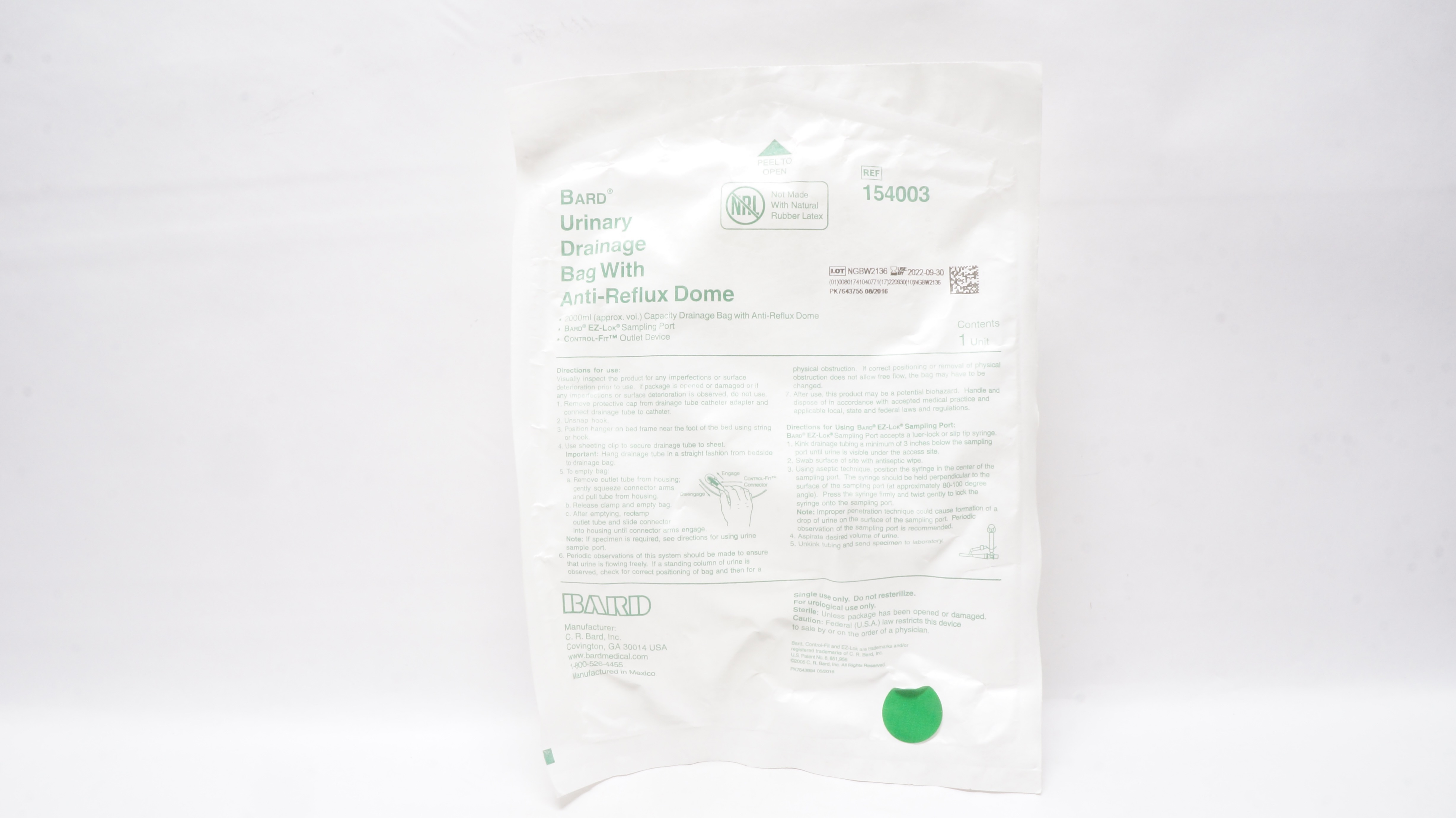 Bard 154003 Urinary Drainage Bag with Anti-Reflux Dome 2000ml (x)