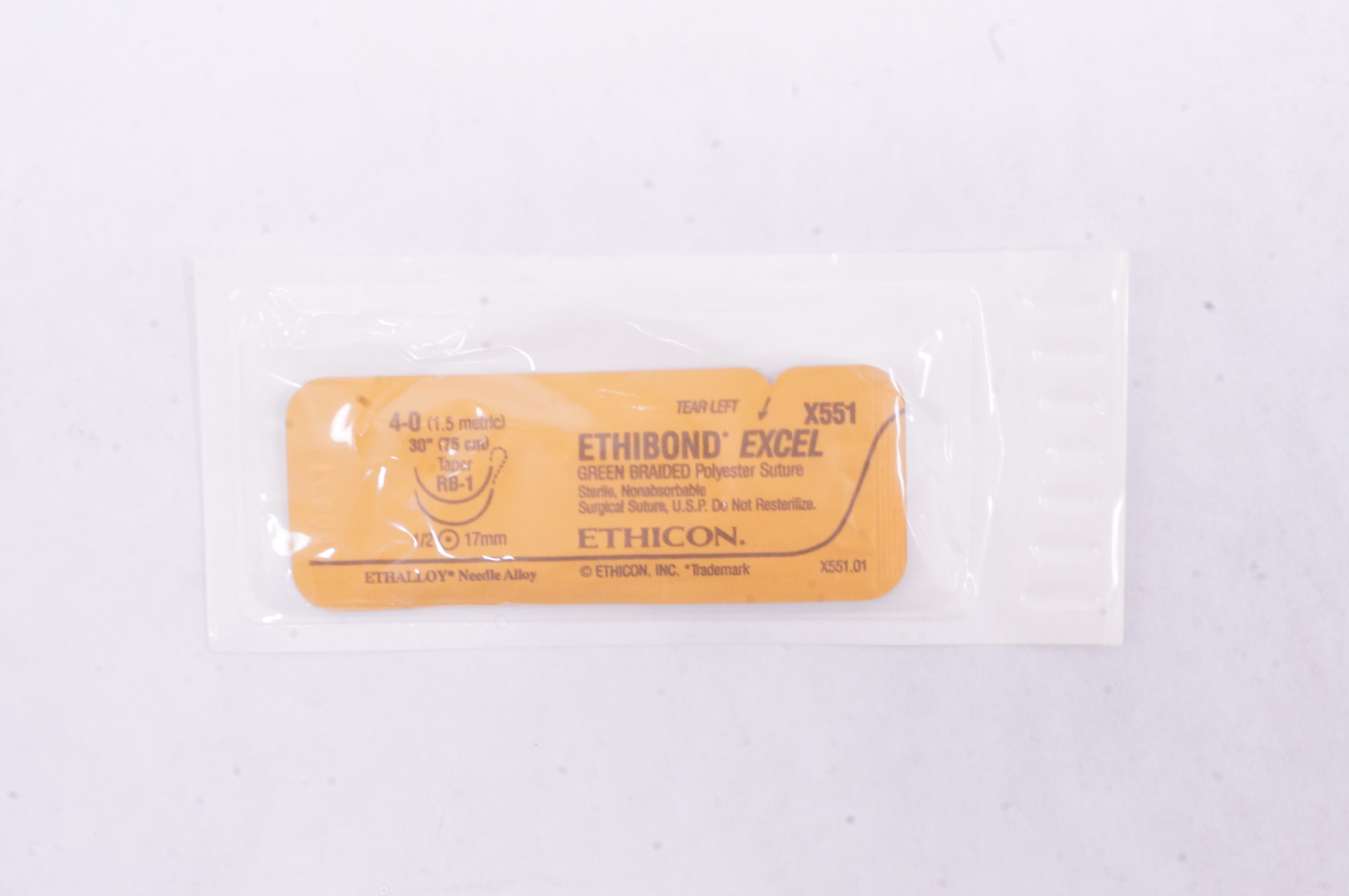 Ethicon X551 4-0 ETHIBOND EXCEL, RB-1, 17mm 1/2c Taper, 30inch