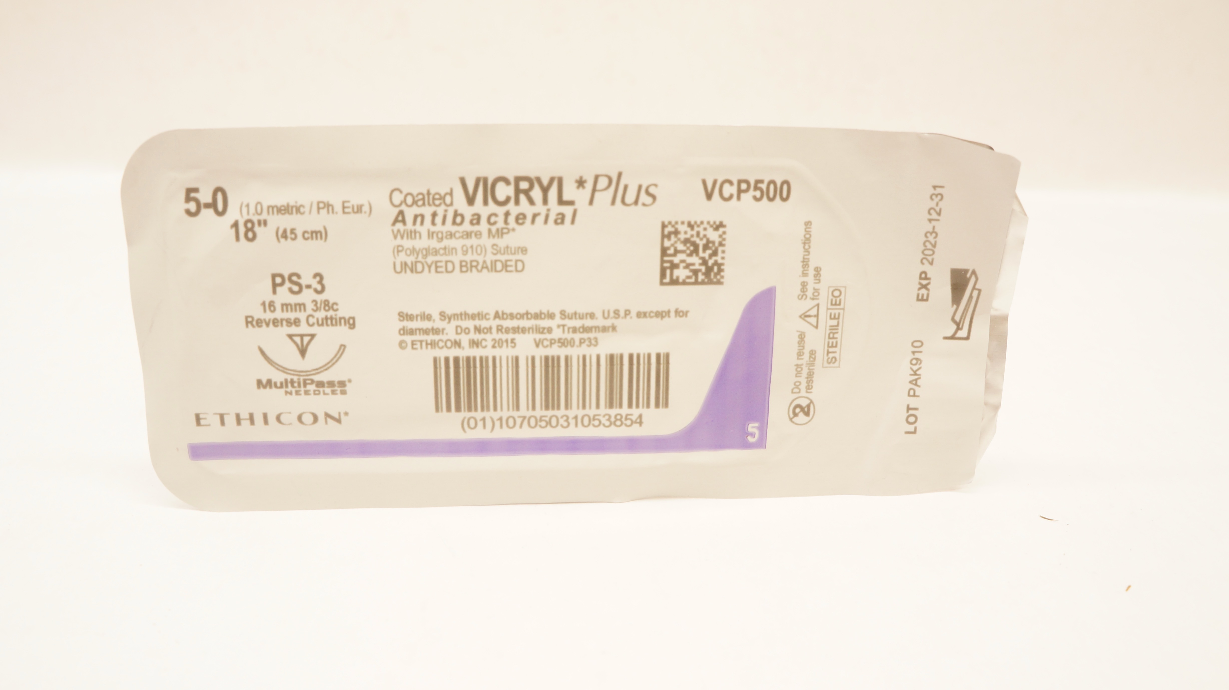 Ethicon VCP500 5-0 VICRYL Plus, PS-3, 16mm 3/8c, 18inch