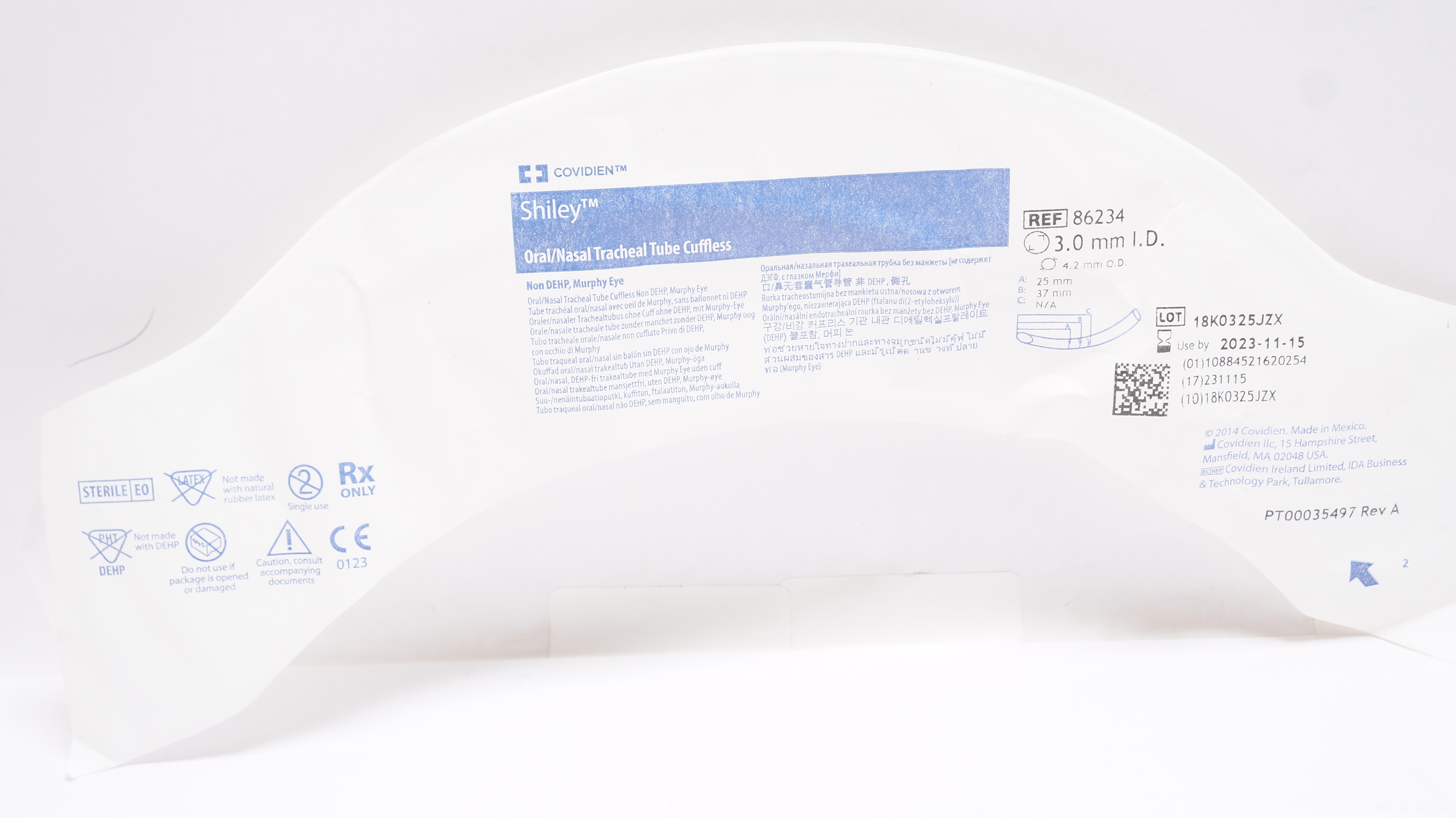 Covidien 86234 Shiley Oral/Nasal Tracheal Tube Cuffless 3.0mm I.D.x4.2mm O.D.(x)