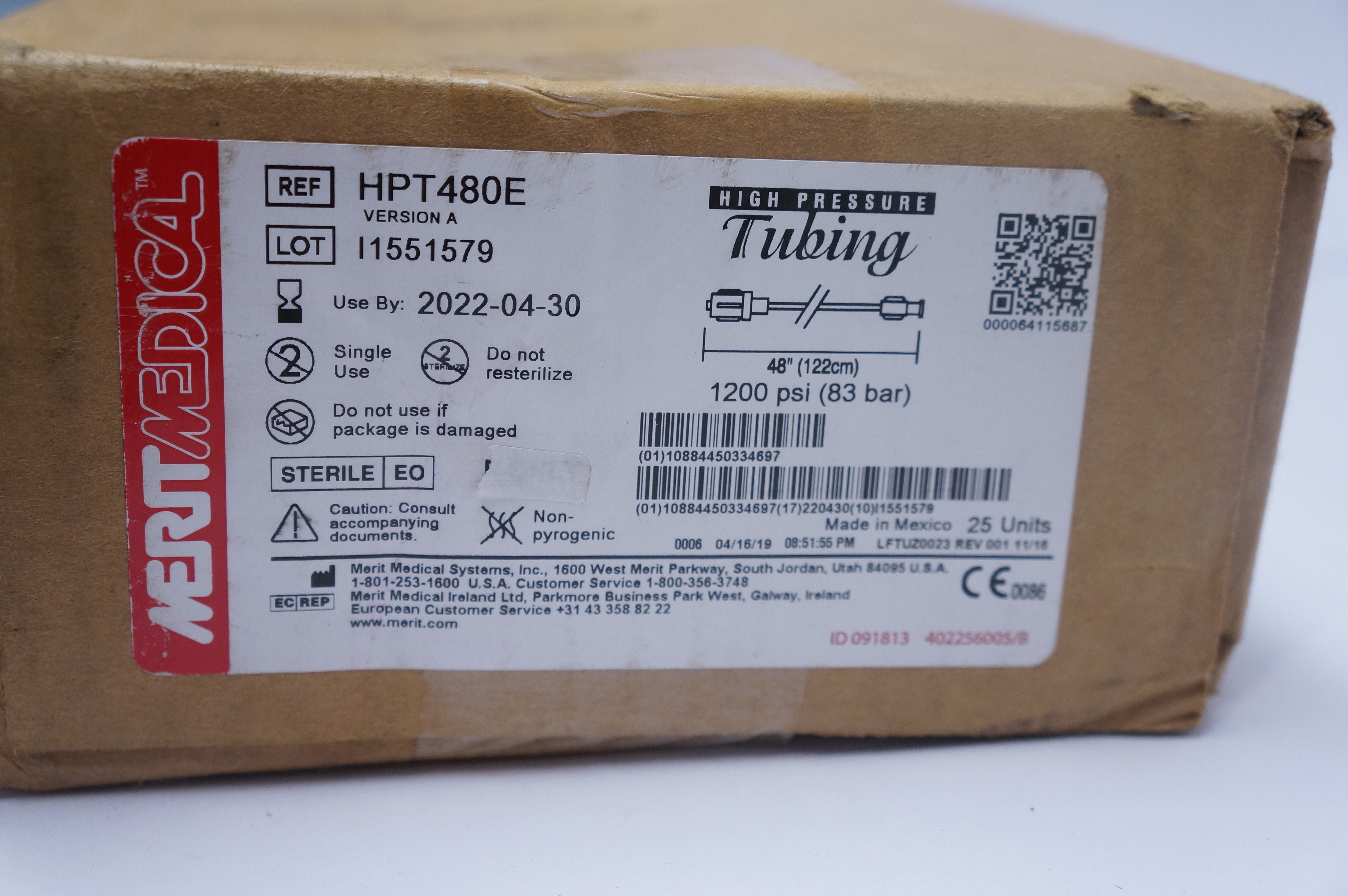 Merit Medical HPT480E High Pressure Tubing 48inch 1200psi - Case of 25