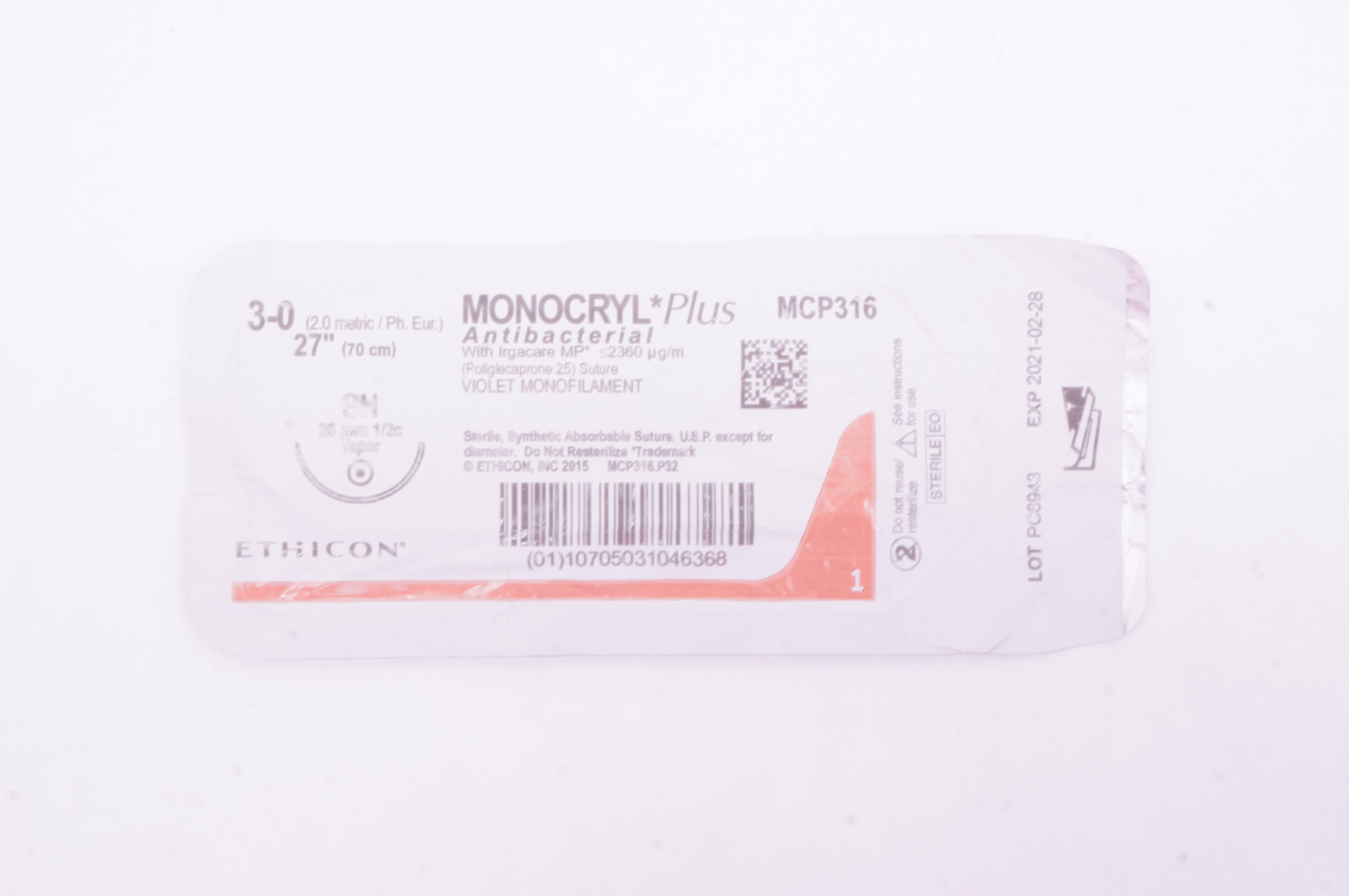 Ethicon MCP316 3-0 Monocryl Plus Synthetic Stre SH 26mm 1/2c Taper, 27 inch (x)