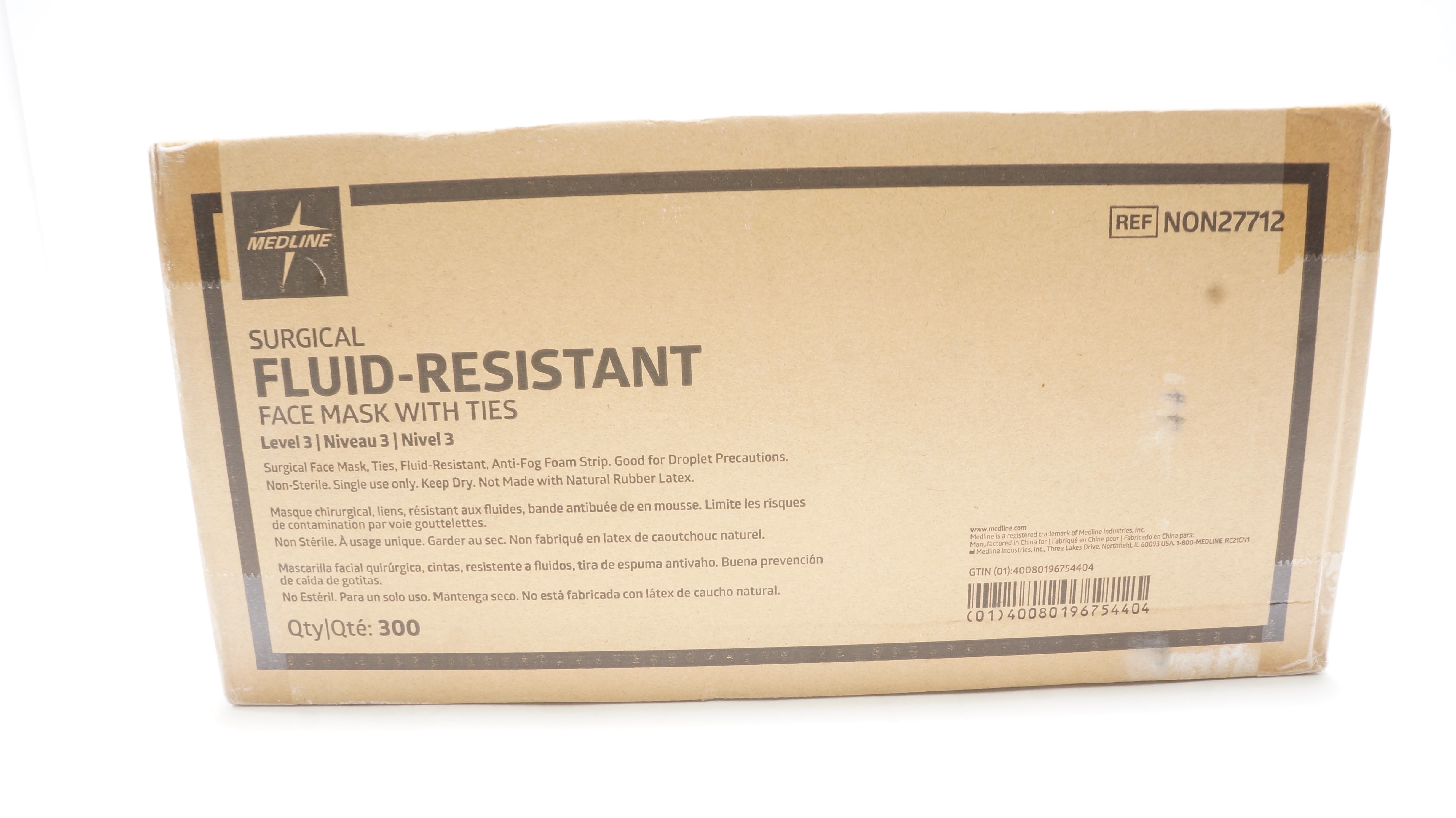 Medline NON27712 Surgical Fluid-Resistant Face Mask W/Ties Level 3 - Box of 300