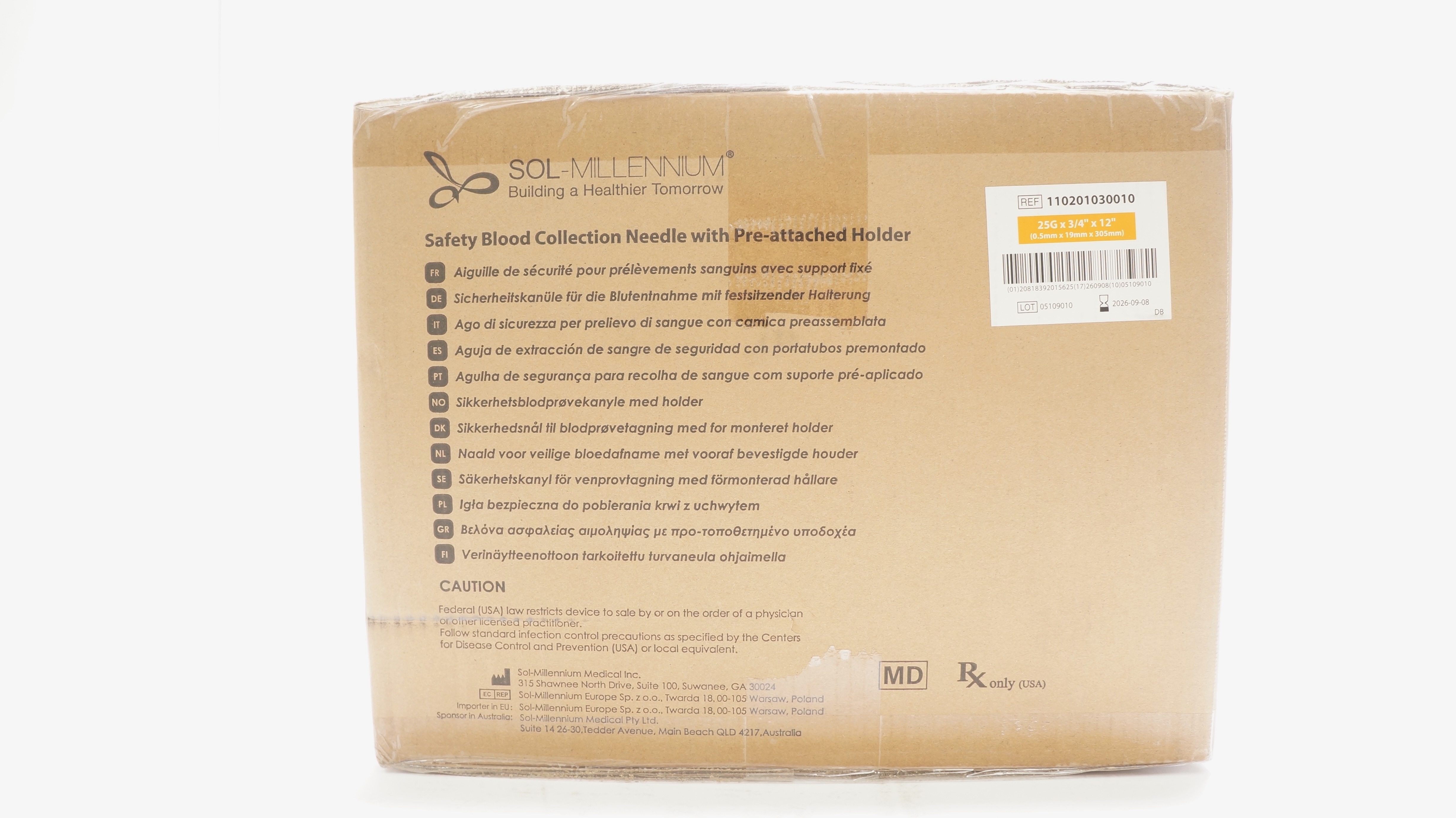 Sol-Millennium 110201030010 Blood Collection Ndle 25G x 3/4 x 12in - Box