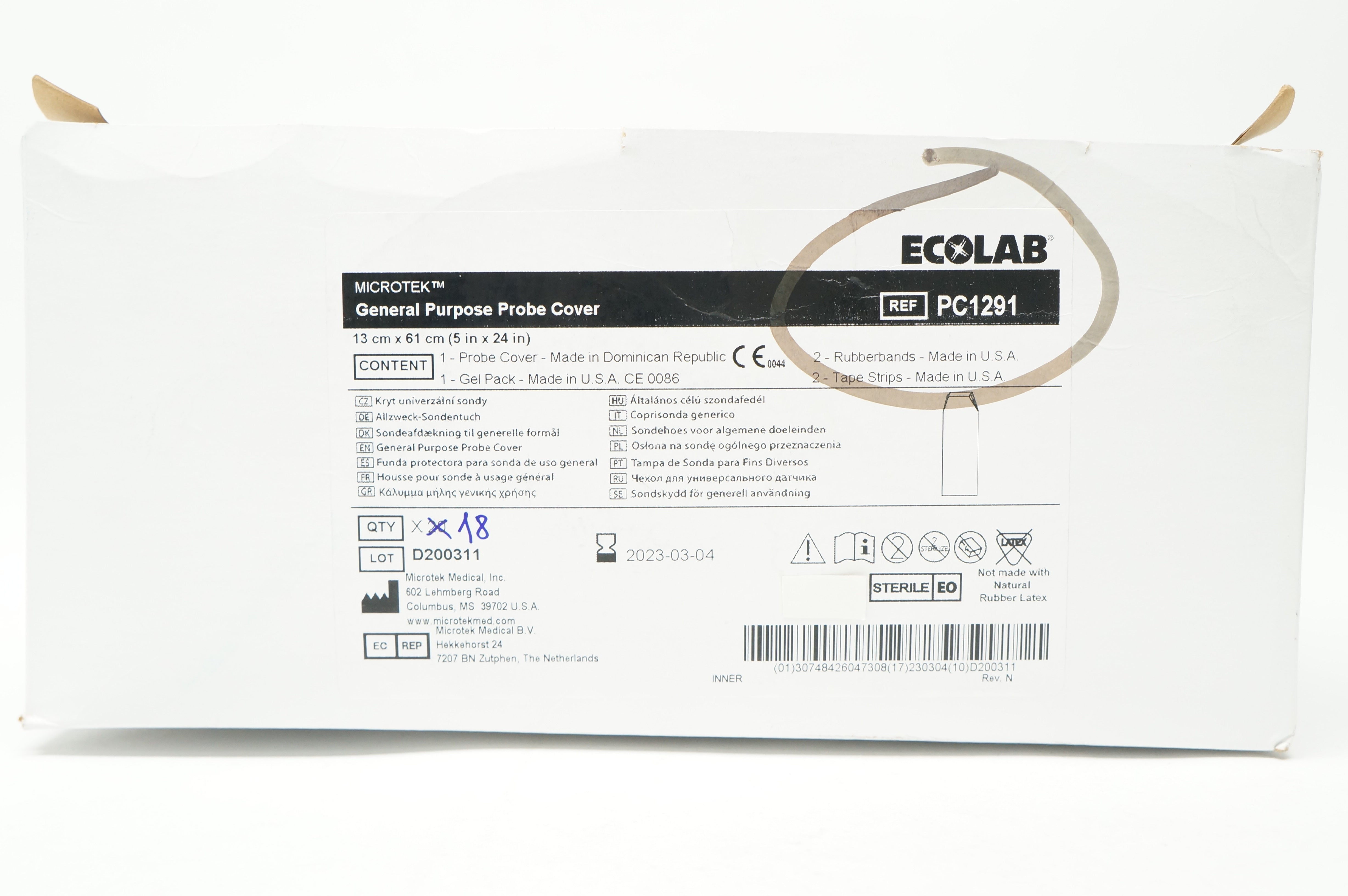 Microtek PC1291 Ecolab General Purpose Probe Cover 5inch x 24inch - Box of 18