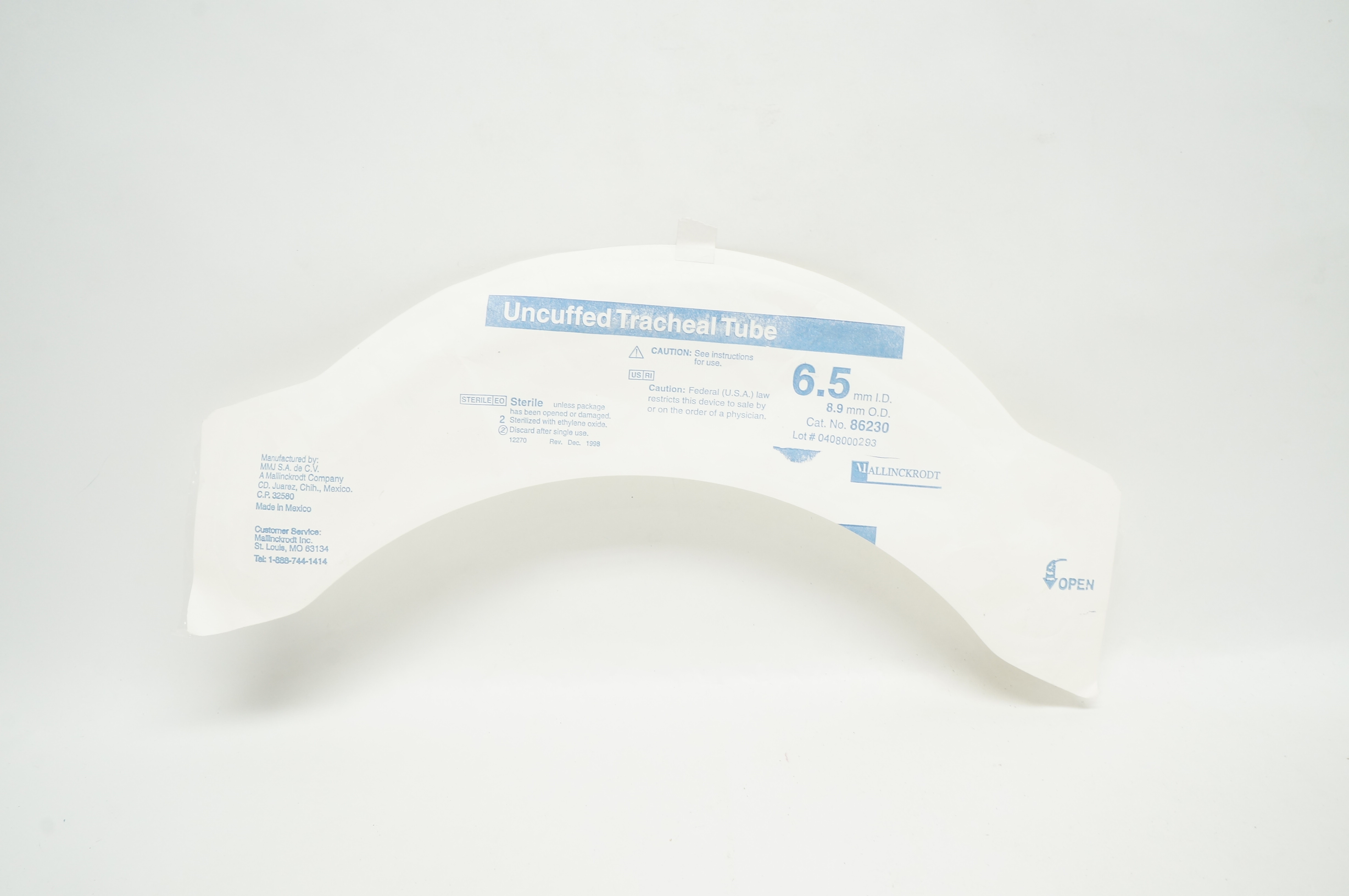 Mallinckrodt 86230 Uncuffed Tracheal Tube 6.5mm ID x 8.9mm OD