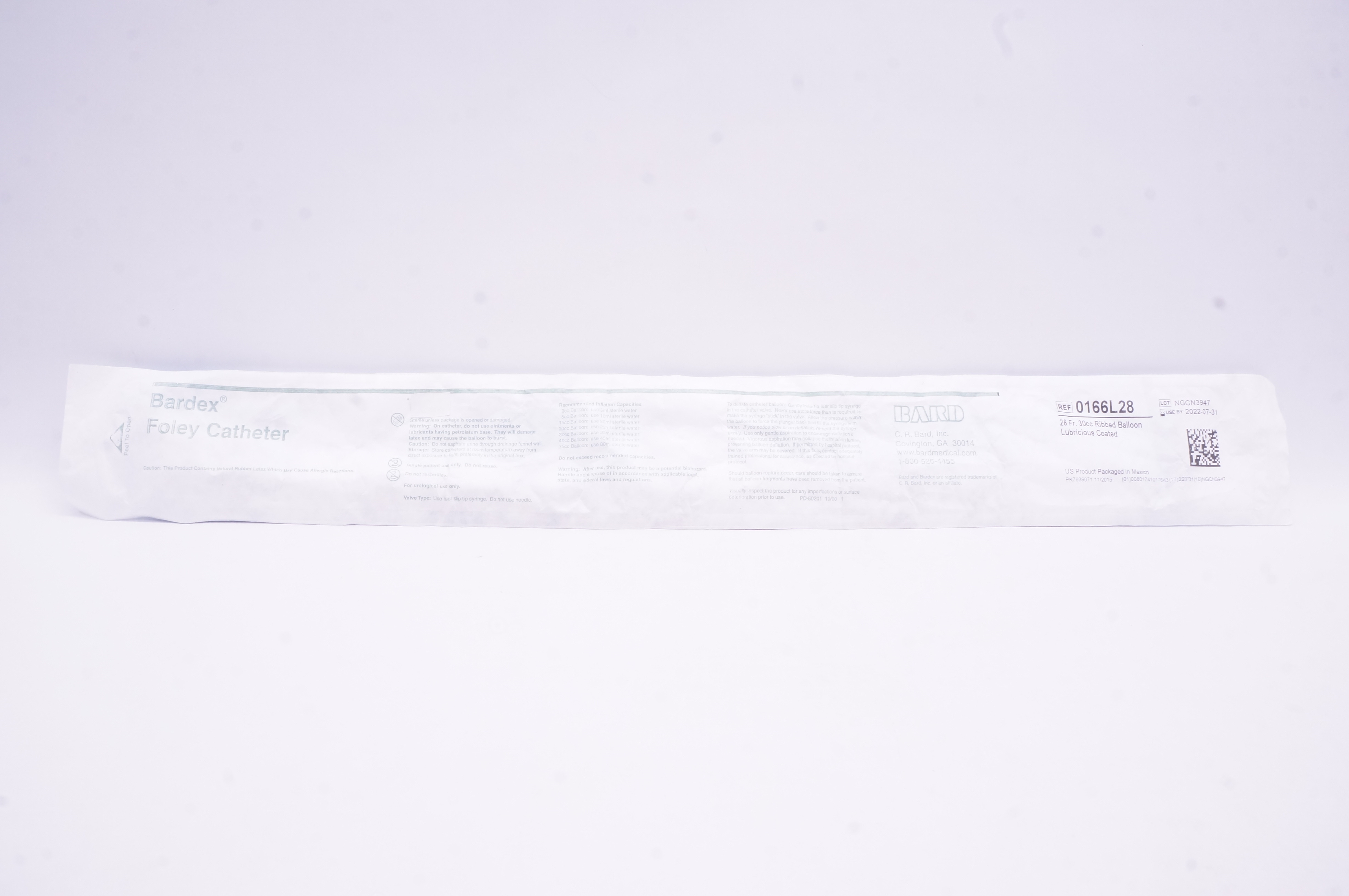Bard 0166L28 Bardex Foley Cath. 28Fr 30 cc Ribbed Balloon Lubricious Coated