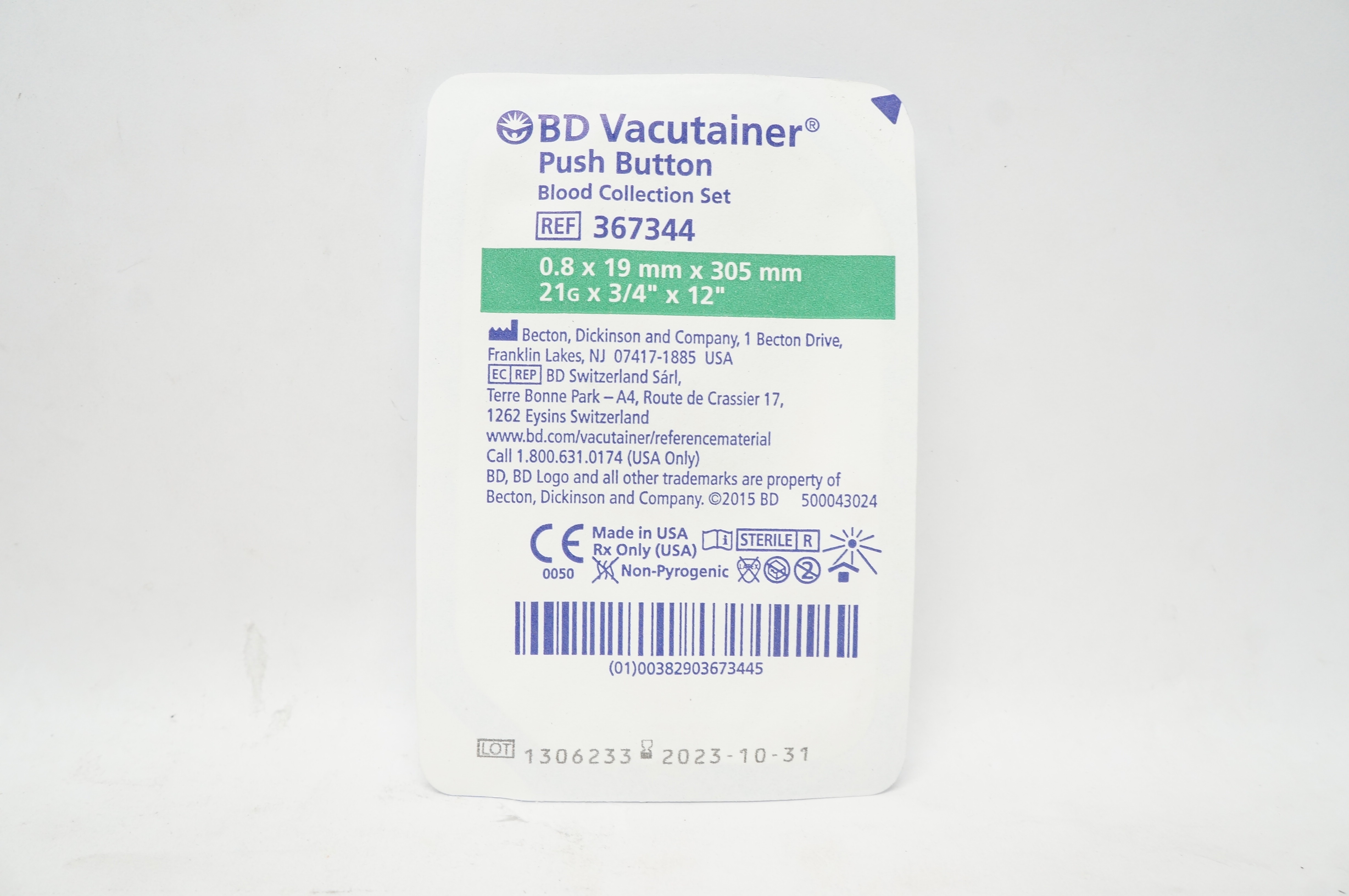 BD 367344 Vacutainer Push Button Blood Collection Set 21G x 3/4inch x 12inch (x)