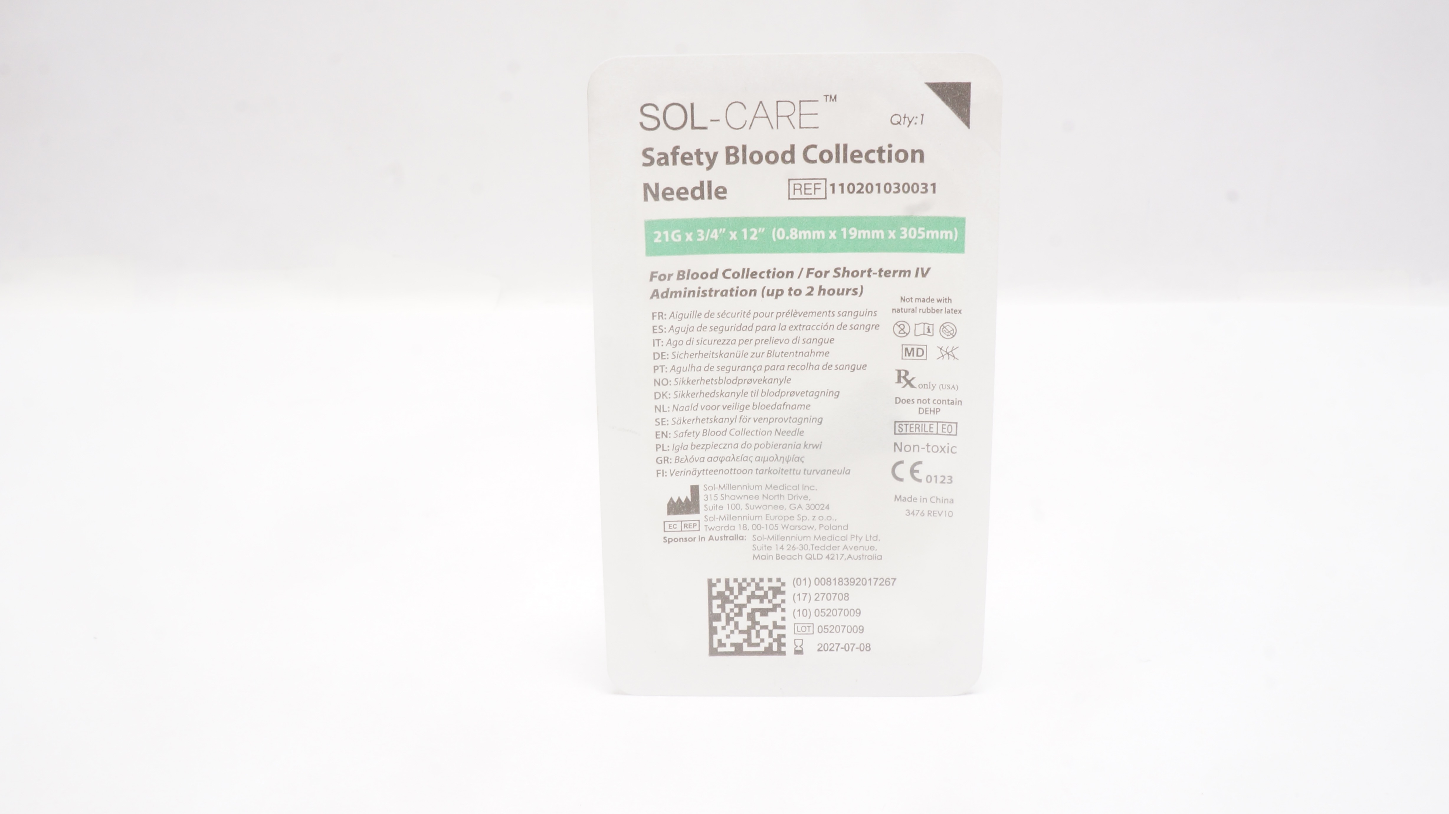 SOL-Care 110201030031 Safety Blood Collection Ndle. 23G x 3/4inch x 12inch