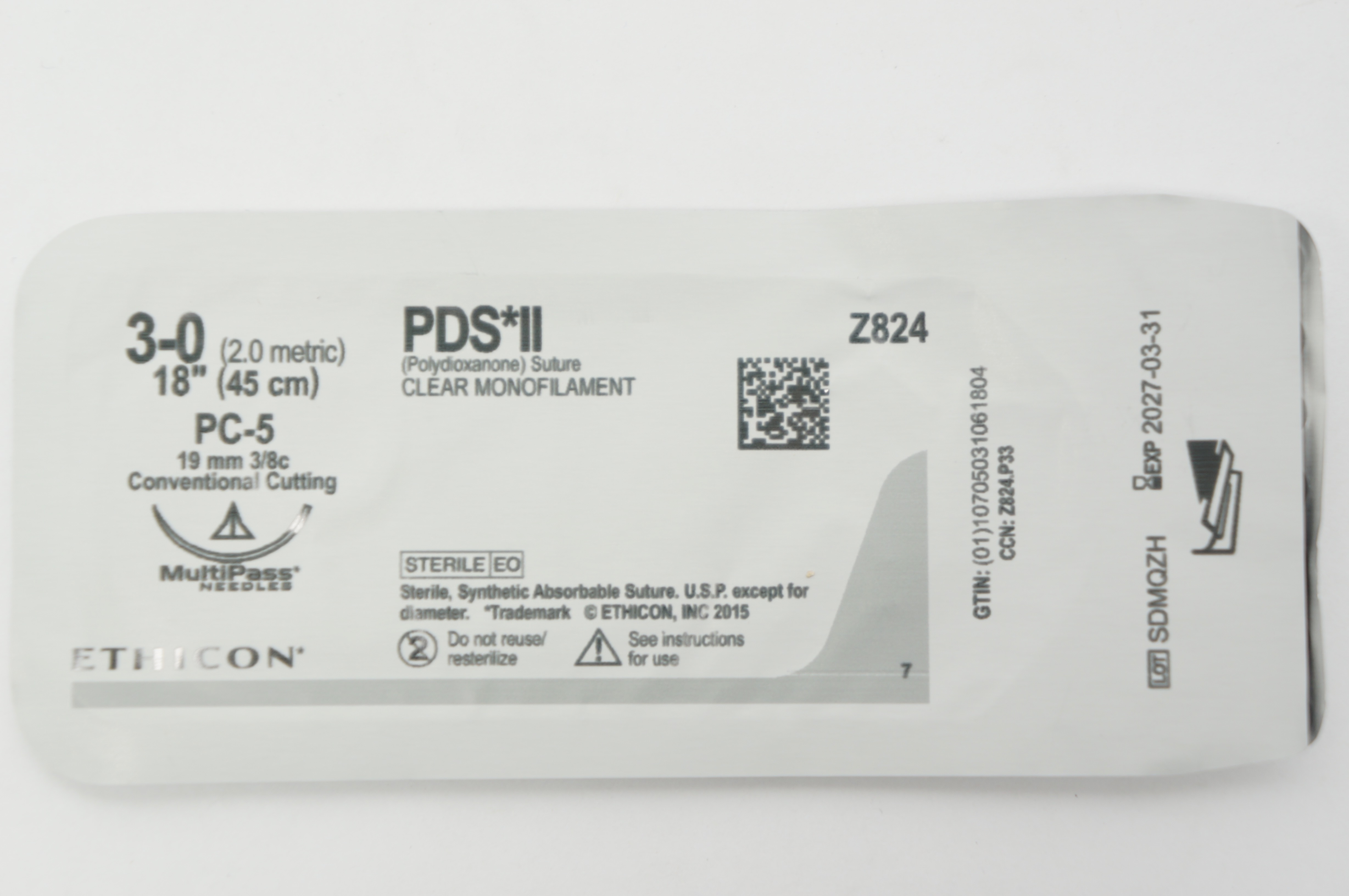 Ethicon Z824 3-0 PDS II CLEAR MONOFILAMENT, PS-5, 19mm 3/8c,18inch