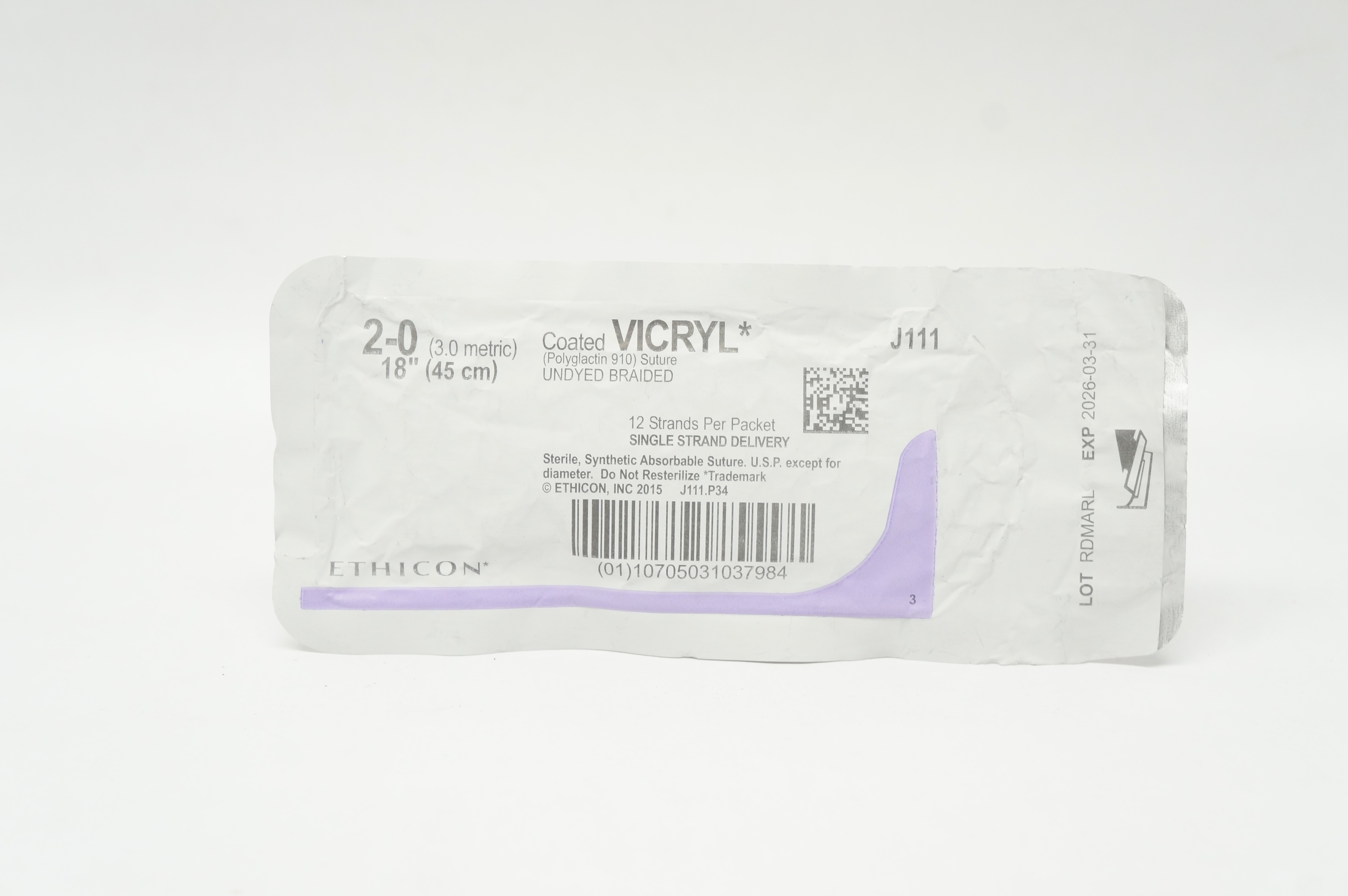 Ethicon J111 2-0 Coated VICRYL Polyglactin Stre Undyed Braided 18inch