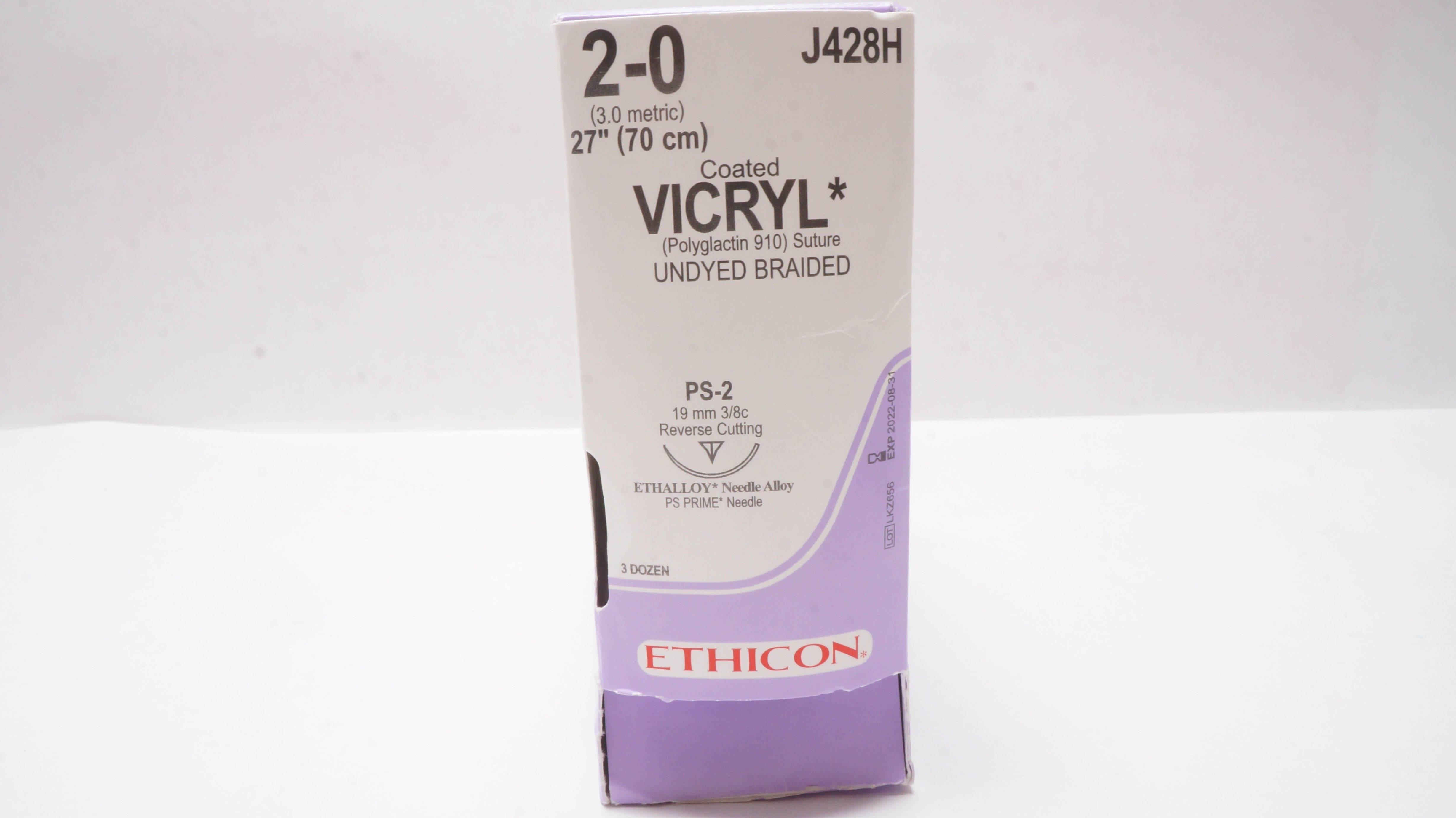 Ethicon J428H 2-0 VICRYL, PS-2, 19mm 3/8c, 27inch (x) - Box of 36
