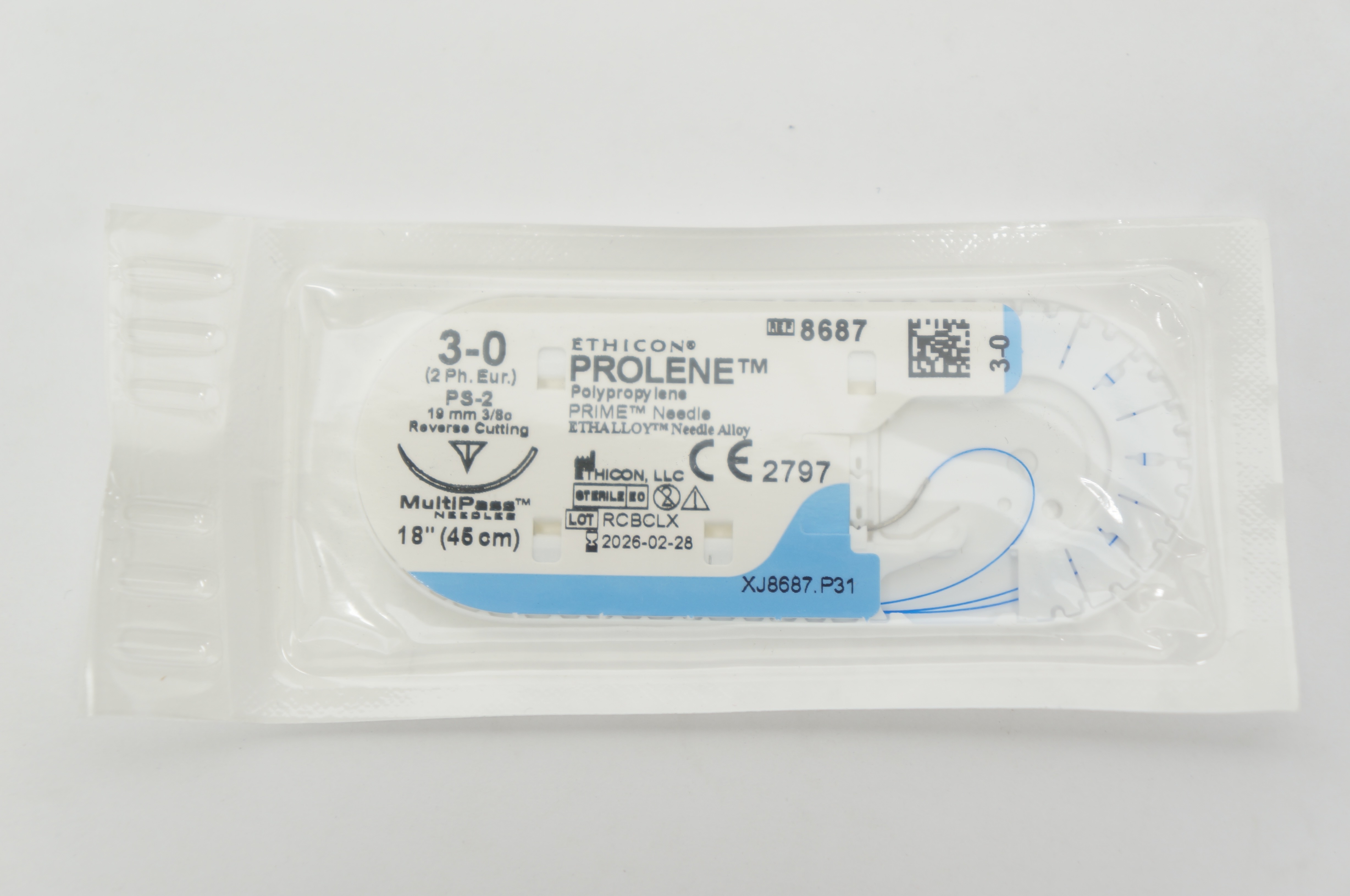 Ethicon 8687 3-0 Prolene Polypropylene, PS-2, 19mm 3/8c ReverseCutting, 18inch