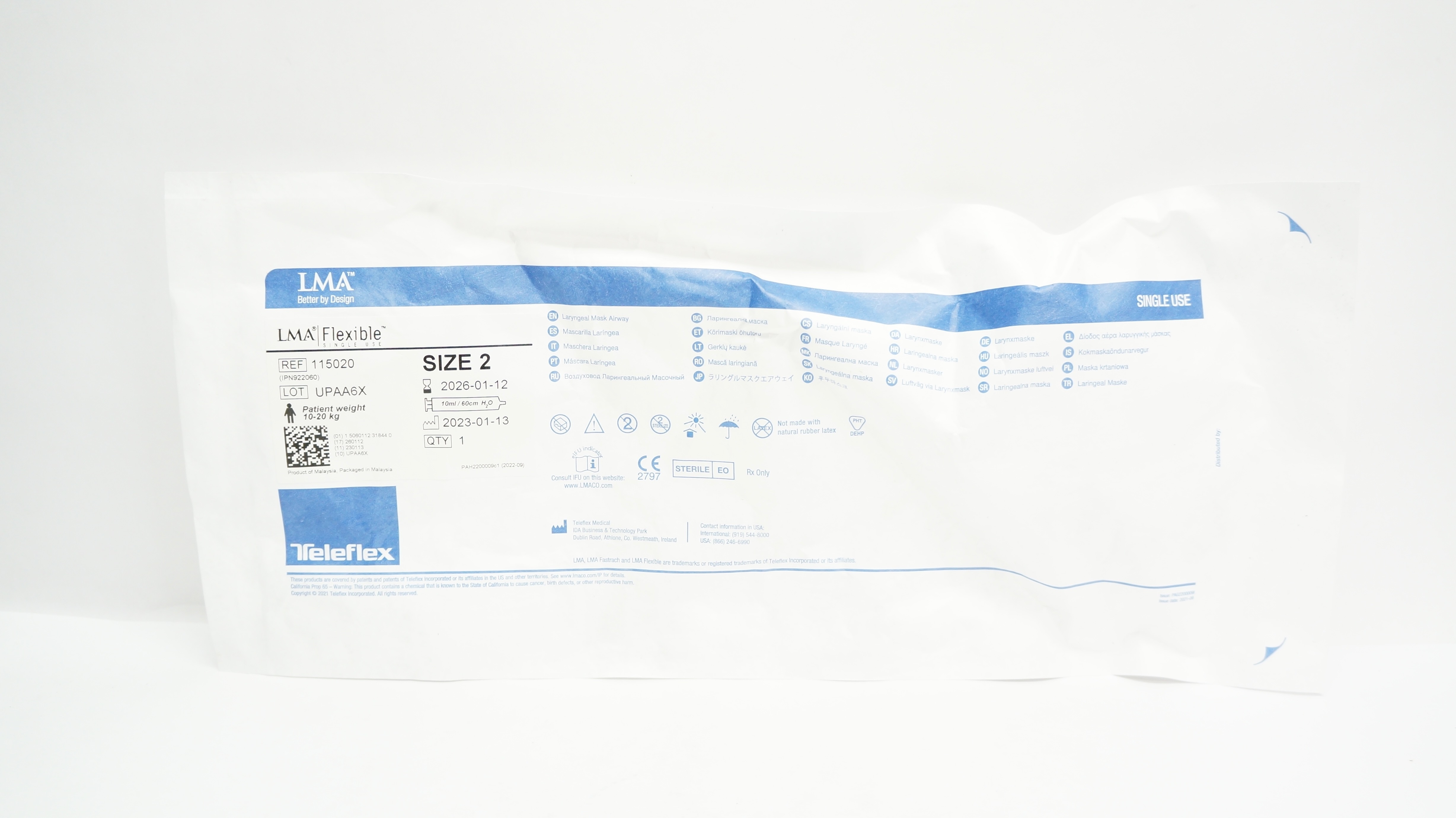 Teleflex 115020 Laryngeal Mask Airway 10-20kg, Size 2 Air<10ml/60cm H2O