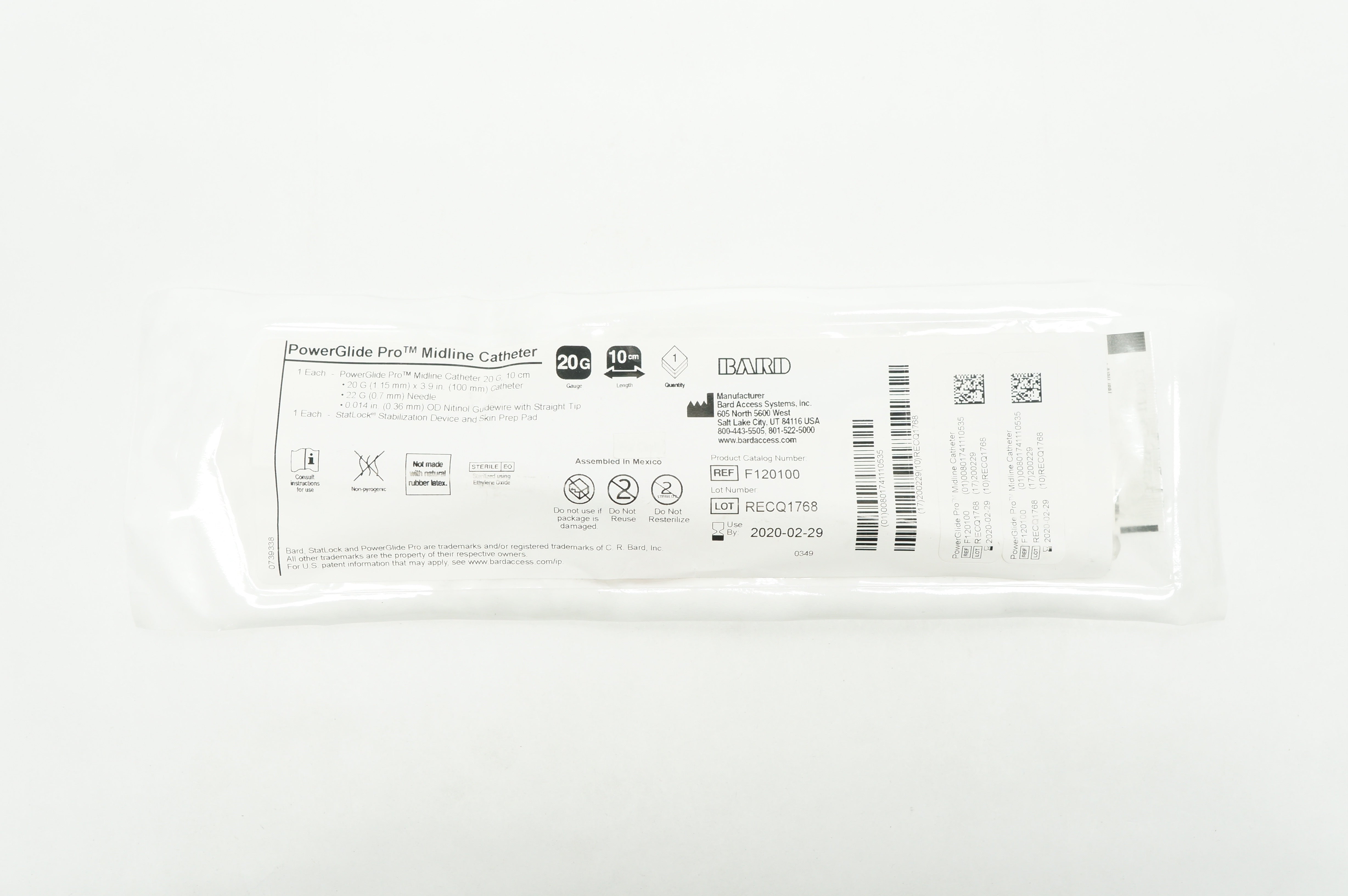 Bard F120100 PowerGlide Pro Midline Cath. 20G x 10cm (x)