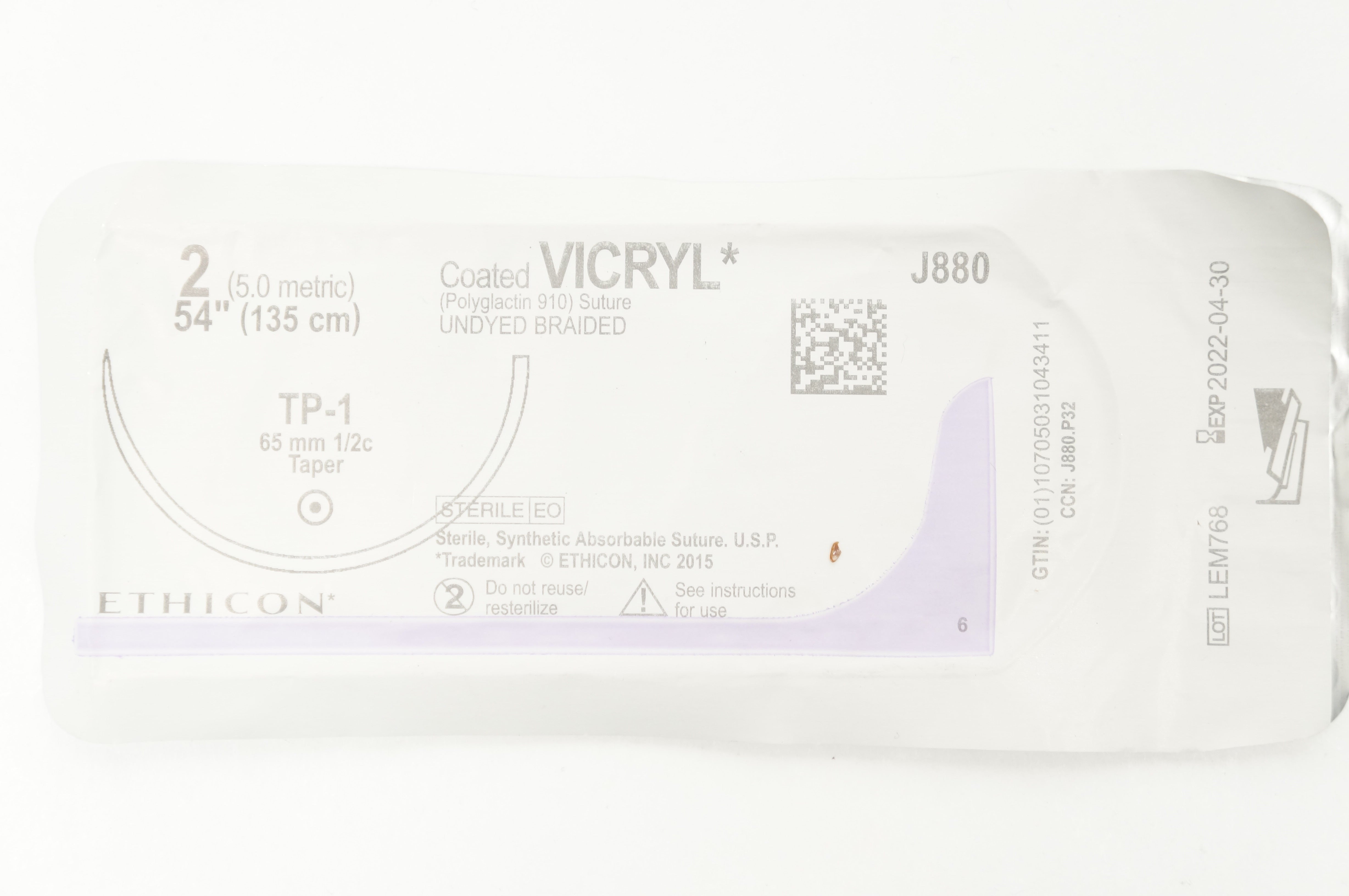 Ethicon J880 Coated Vicryl  Undyed Braided TP-1 65mm 1/2c Taper 54 inch