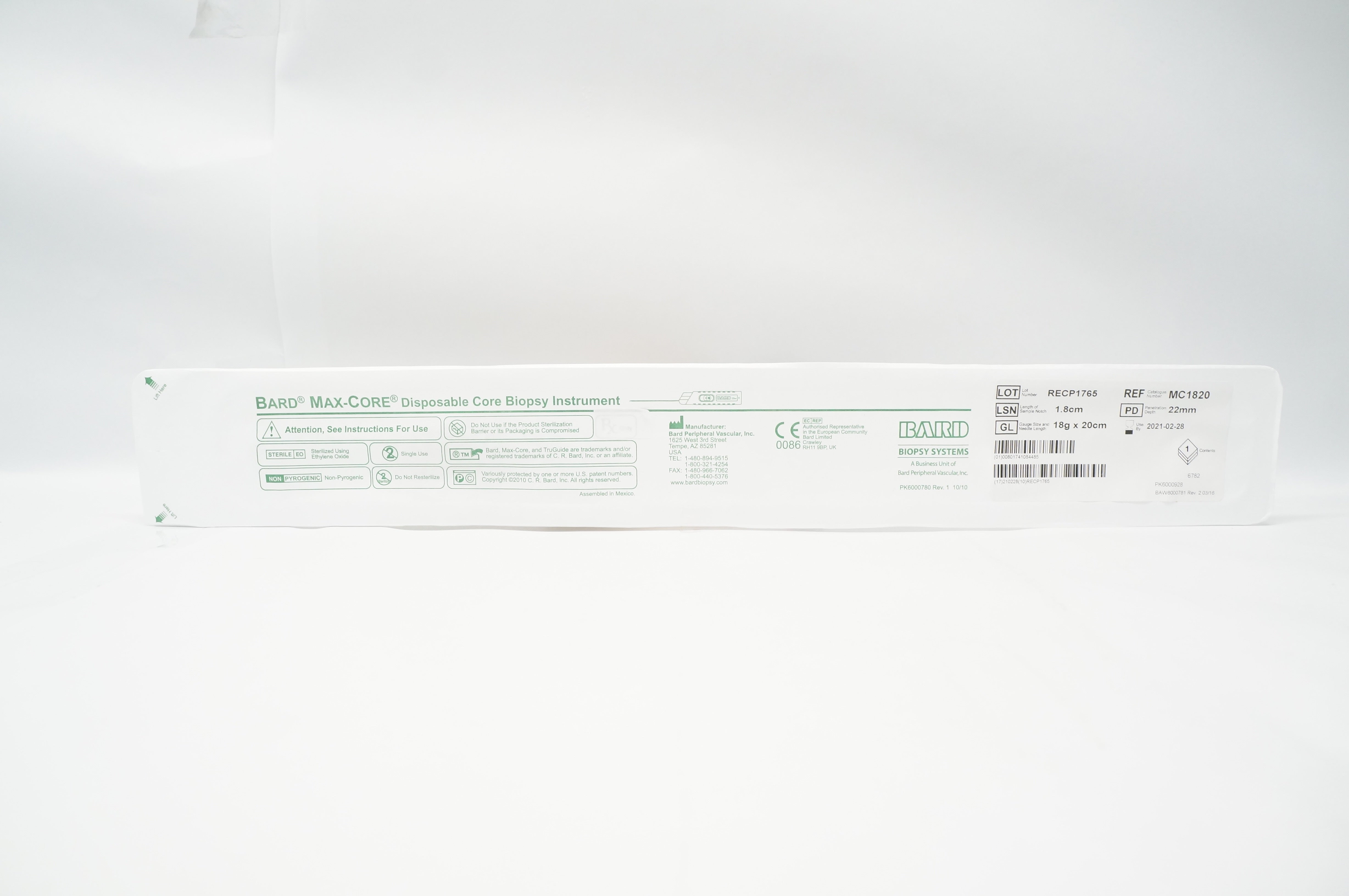 Bard MC1820 Max-Core Disposable Core Biopsy Instrumnet 18g x 20cm (x)