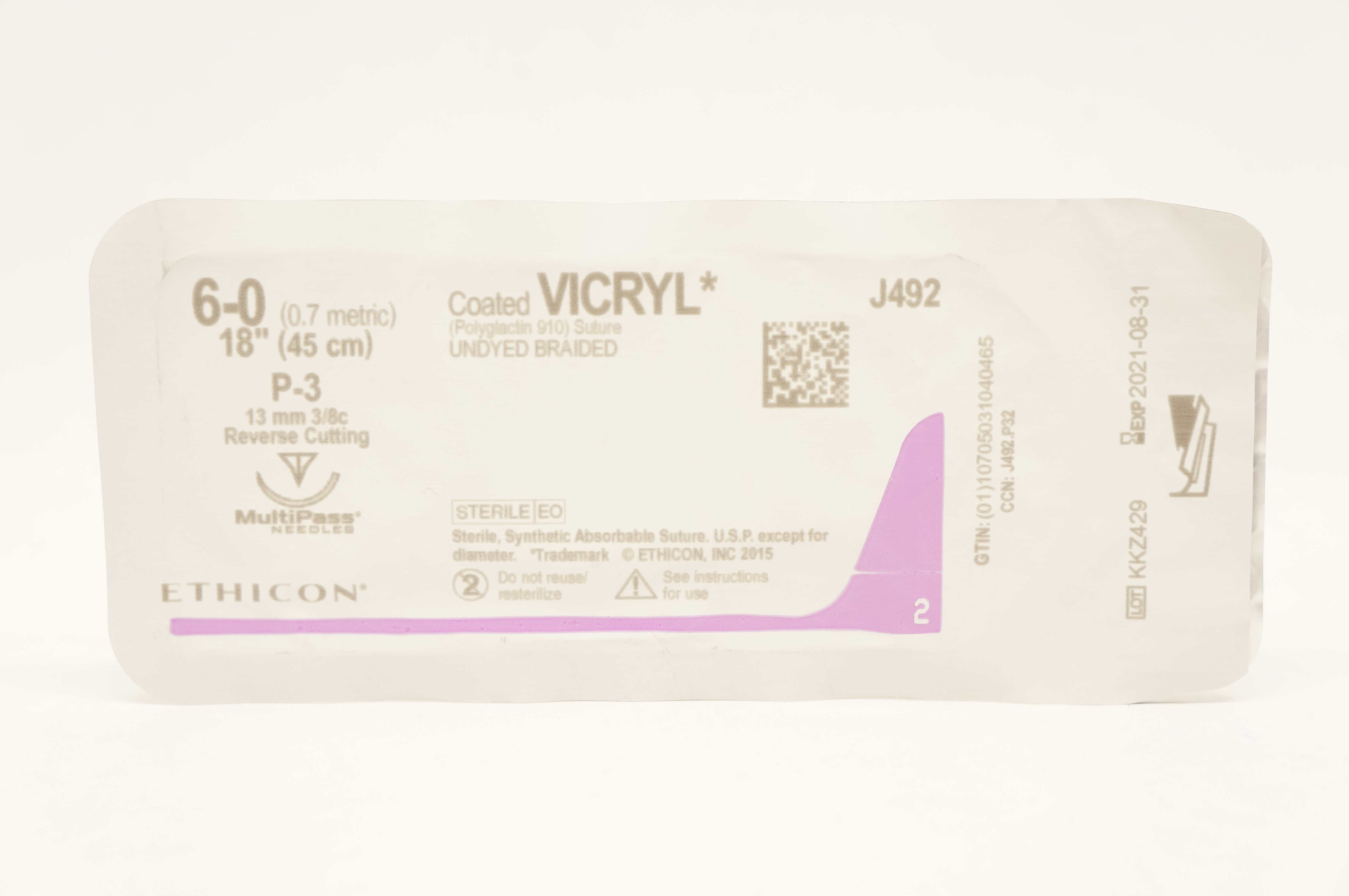 Ethicon J492 6-0 Coated Vicryl Stre P-3 13mm 3/8c Reverse Cutting 18inch (x)