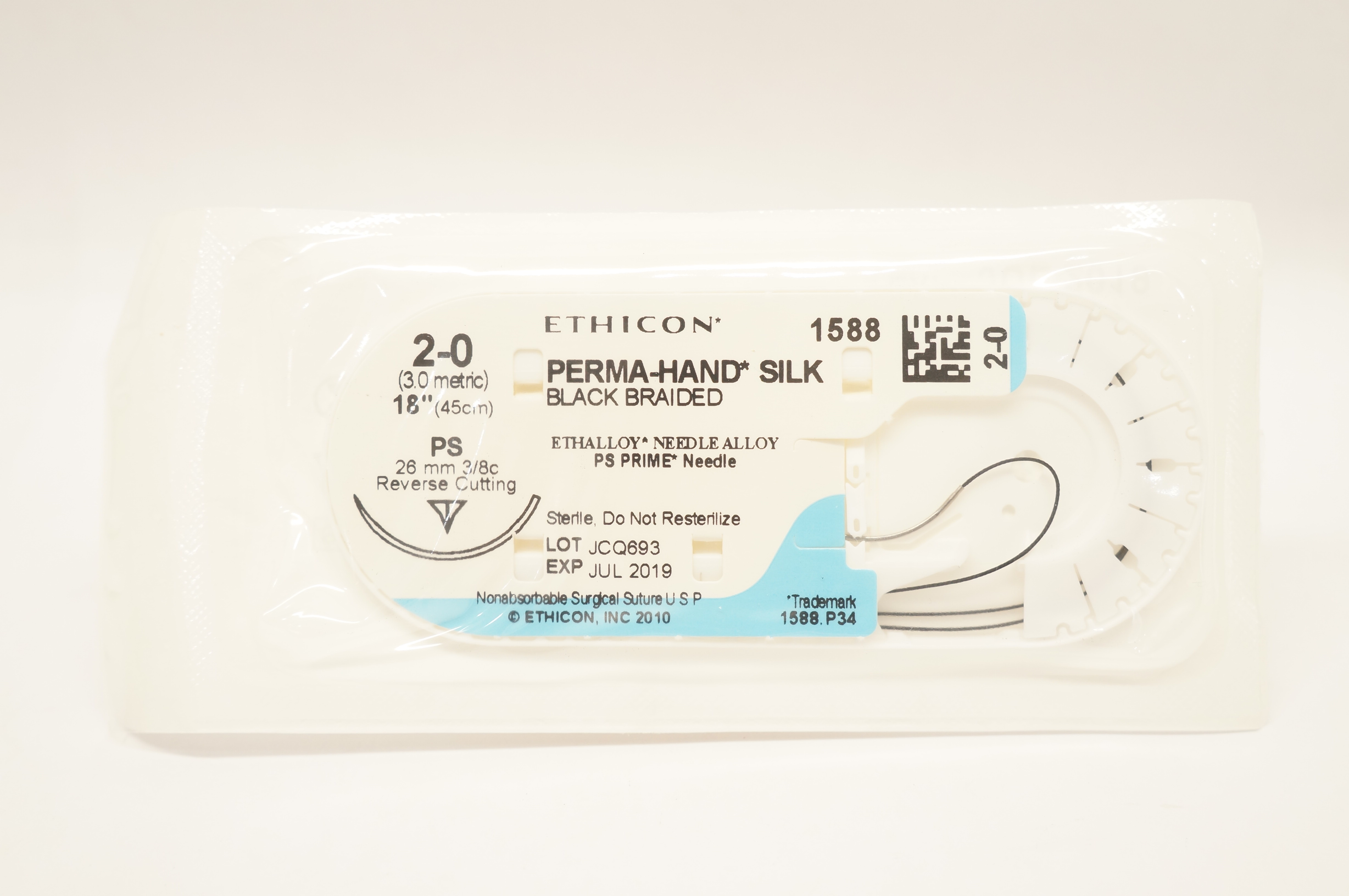 Ethicon 1588 2-0 PERMA-HAND SILK Stre PS 26mm 3/8c Reverse Cutting, 18inch (x)