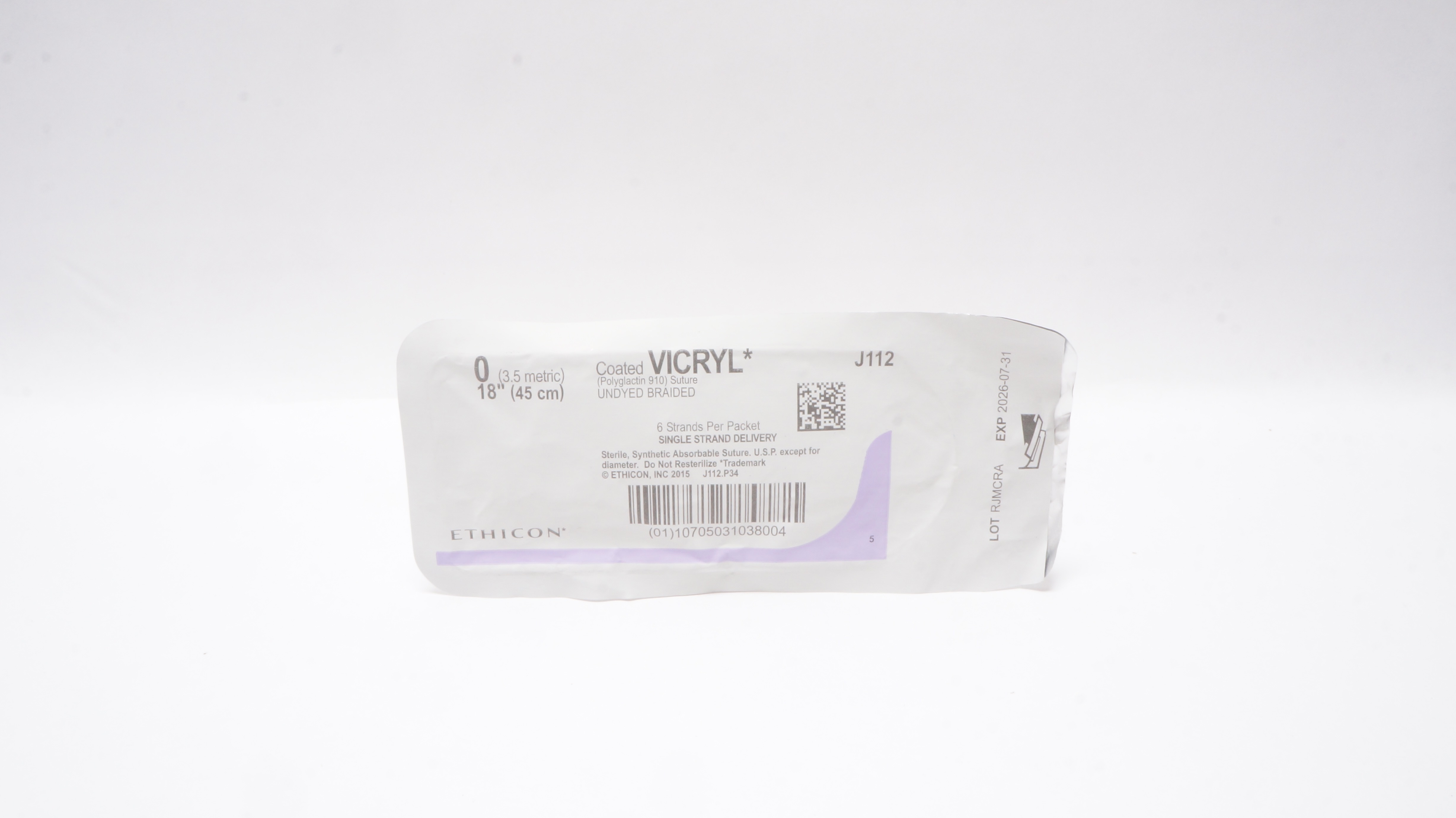 Ethicon J112 0 Coated VICRYL Polyglactin 910 Stre Undyed Braided, 18inch