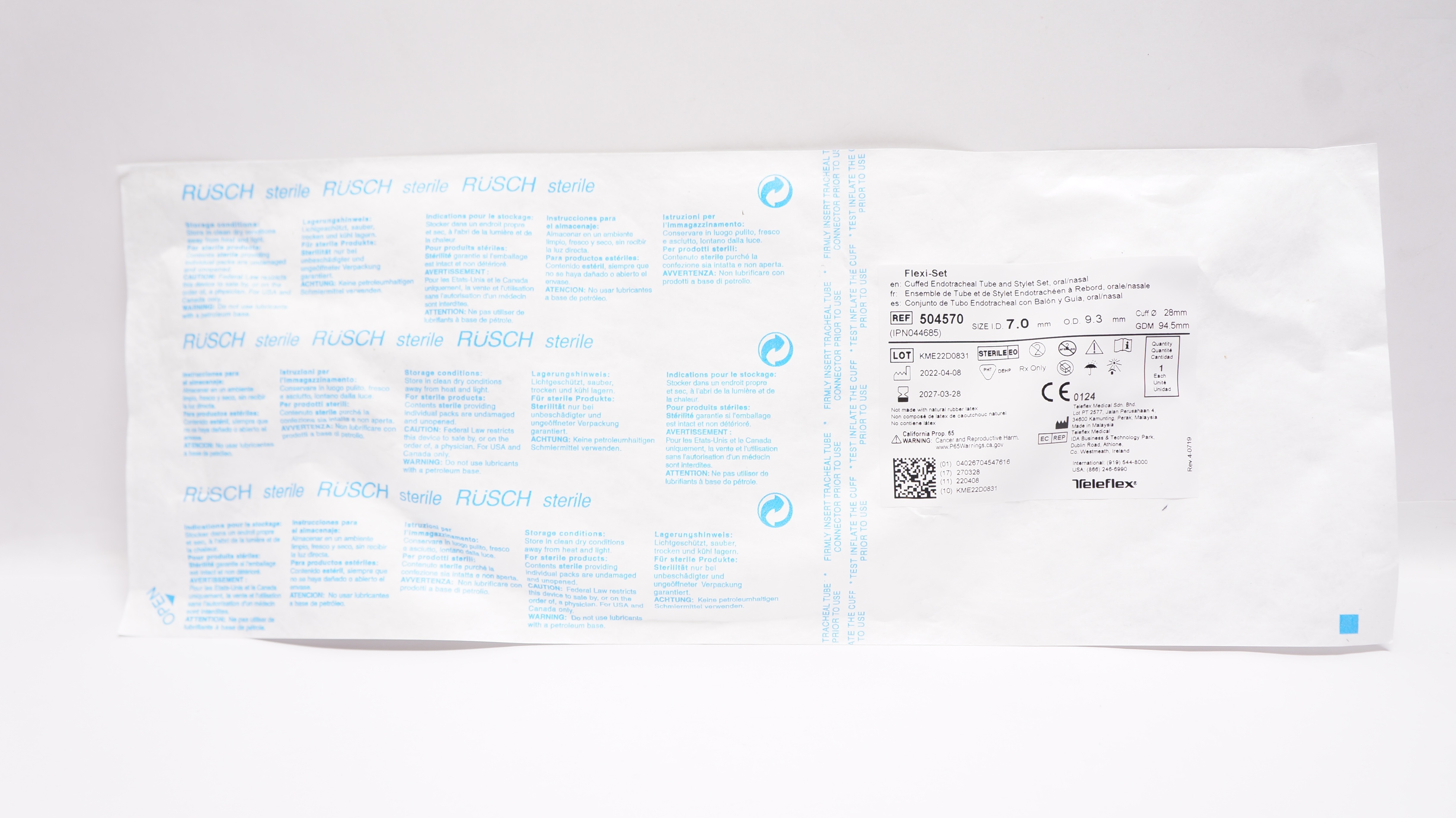Teleflex 504570 Cuffed Endotracheal Tube & Stylet Set 7.0mmID x 9.3mmOD x 28.0mm