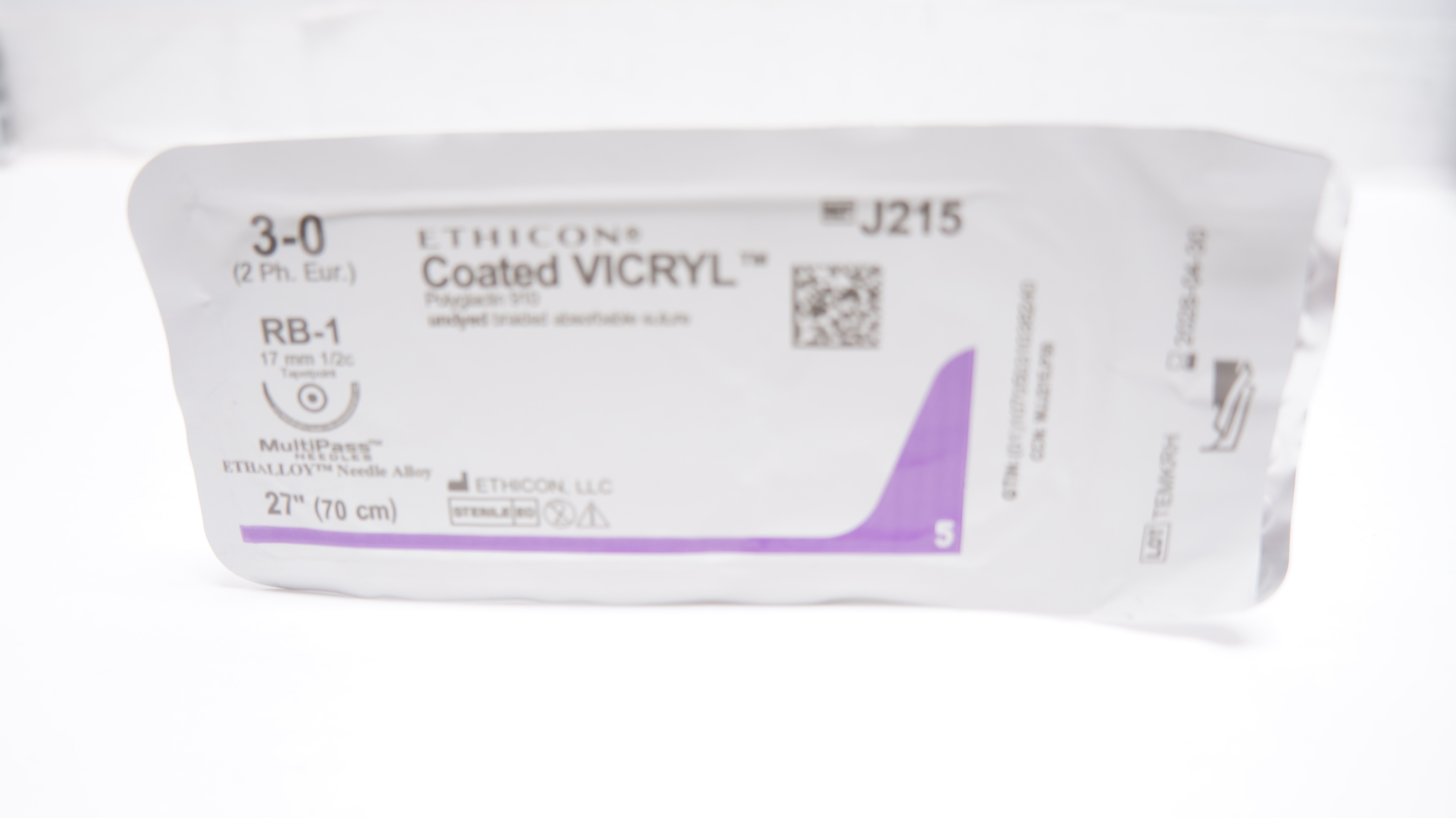 Ethicon J215 3-0 Coated VICRYL Polyglactin 910 Stre RB-1 17mm 1/2c Taper, 27inch