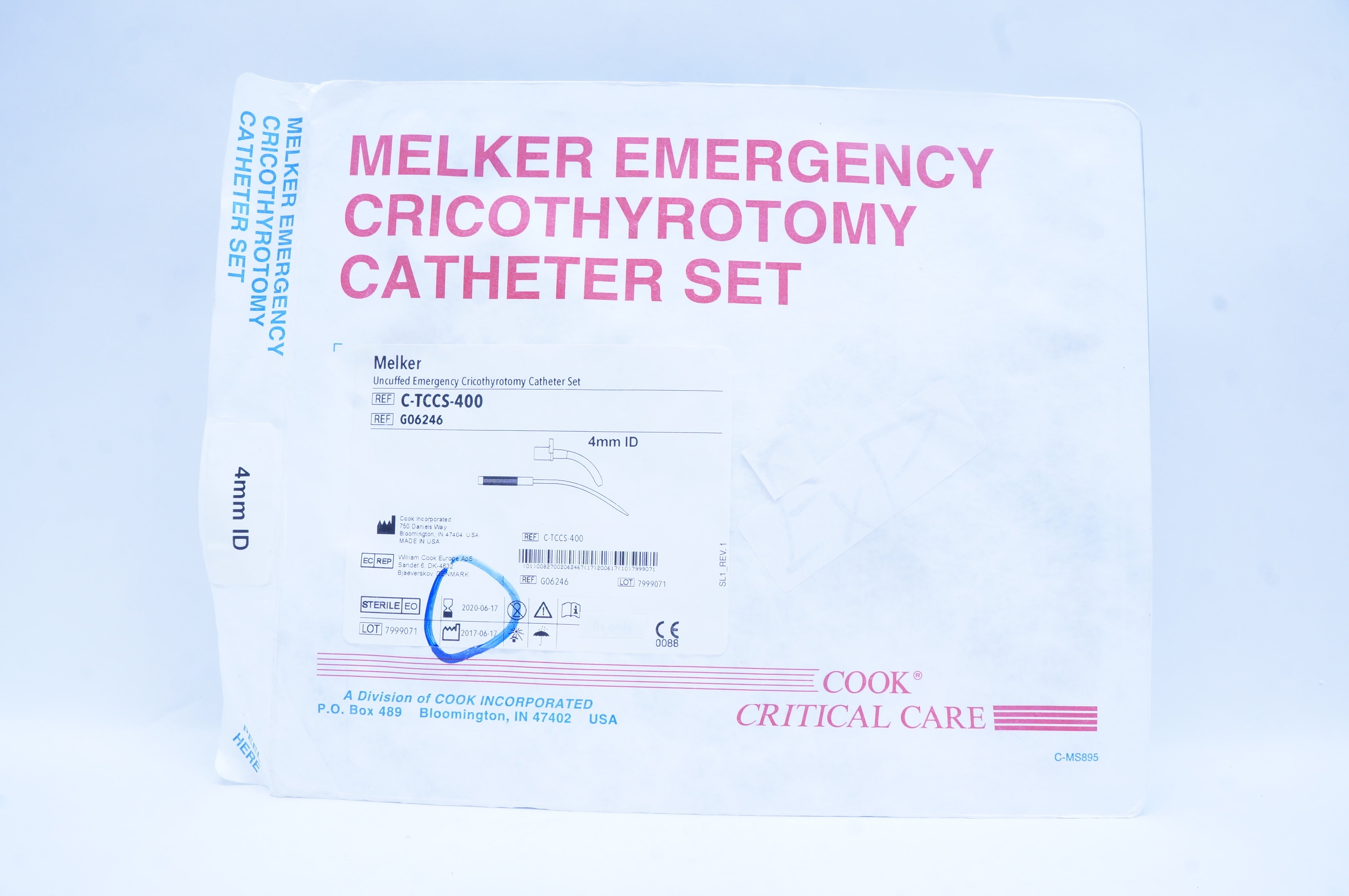 Cook G06246 Melker Uncuffed Emergency Criocothyrotomy Cath. Set 4.0mm ID (x)