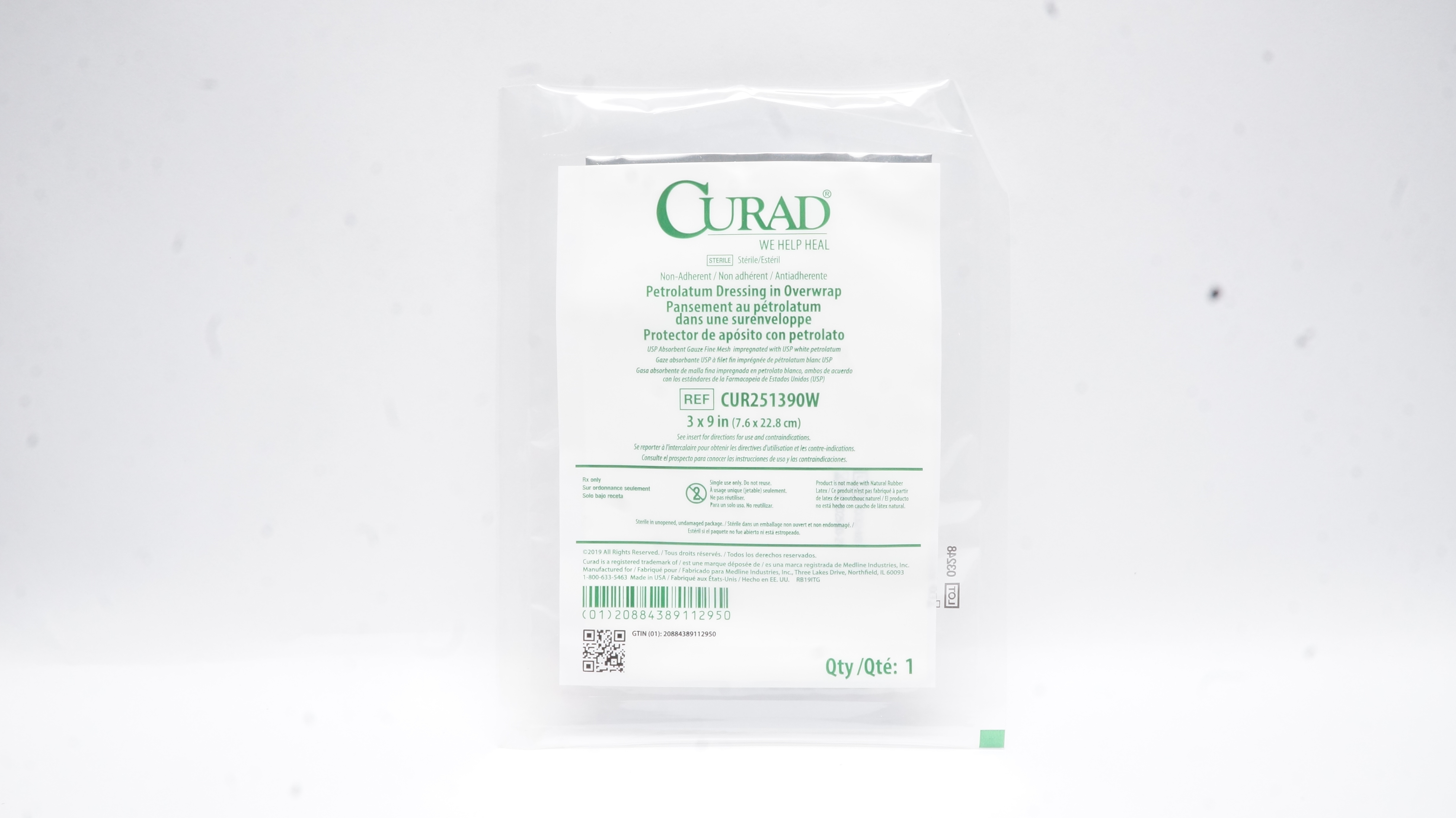 Medline CUR251390W Curad Petrolatum Dressing in Overwrap 3inch x 9inch