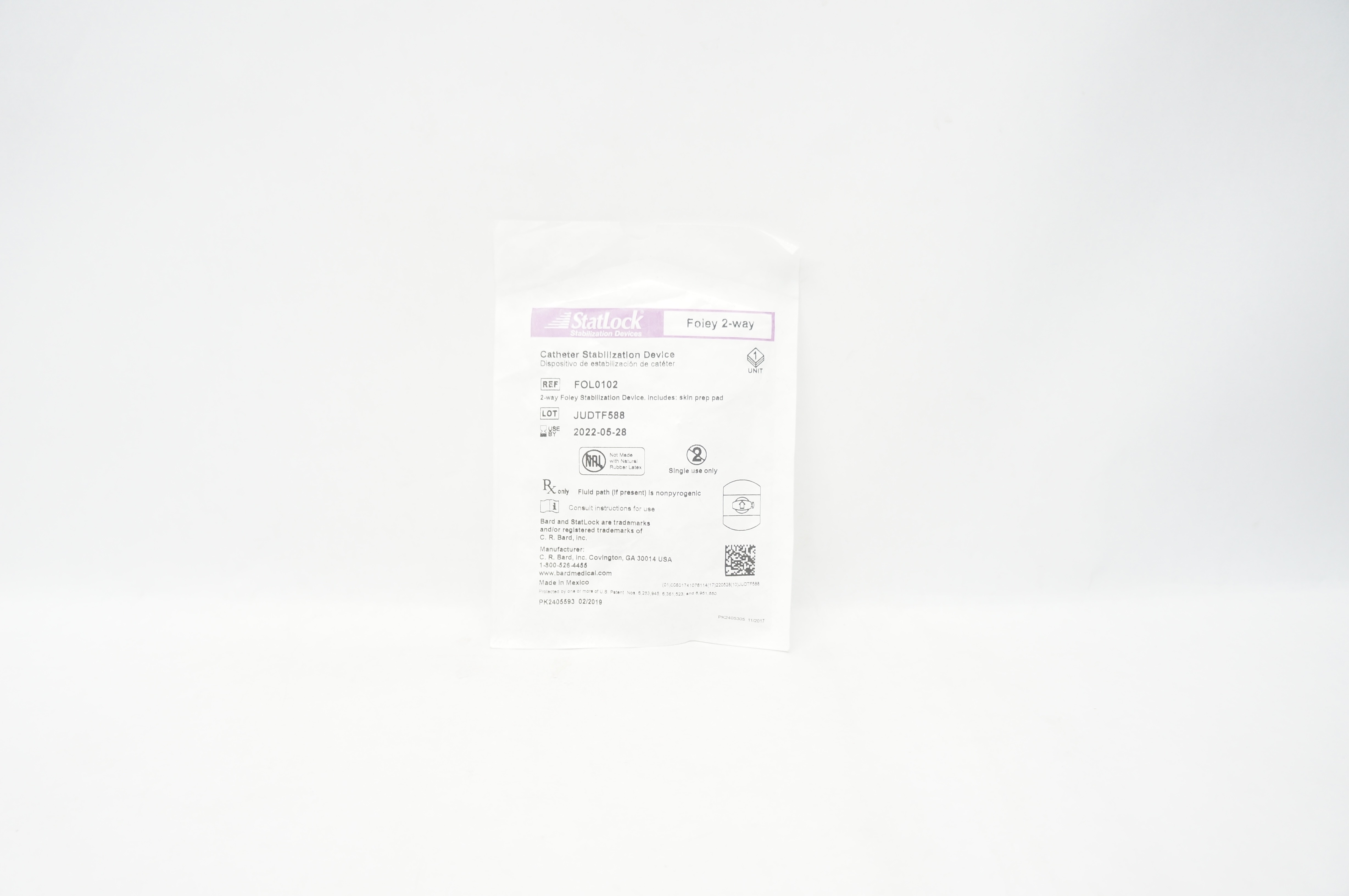 Bard FOL0102 StatLock Cath. Stabilization Device Foley 2-way (x)