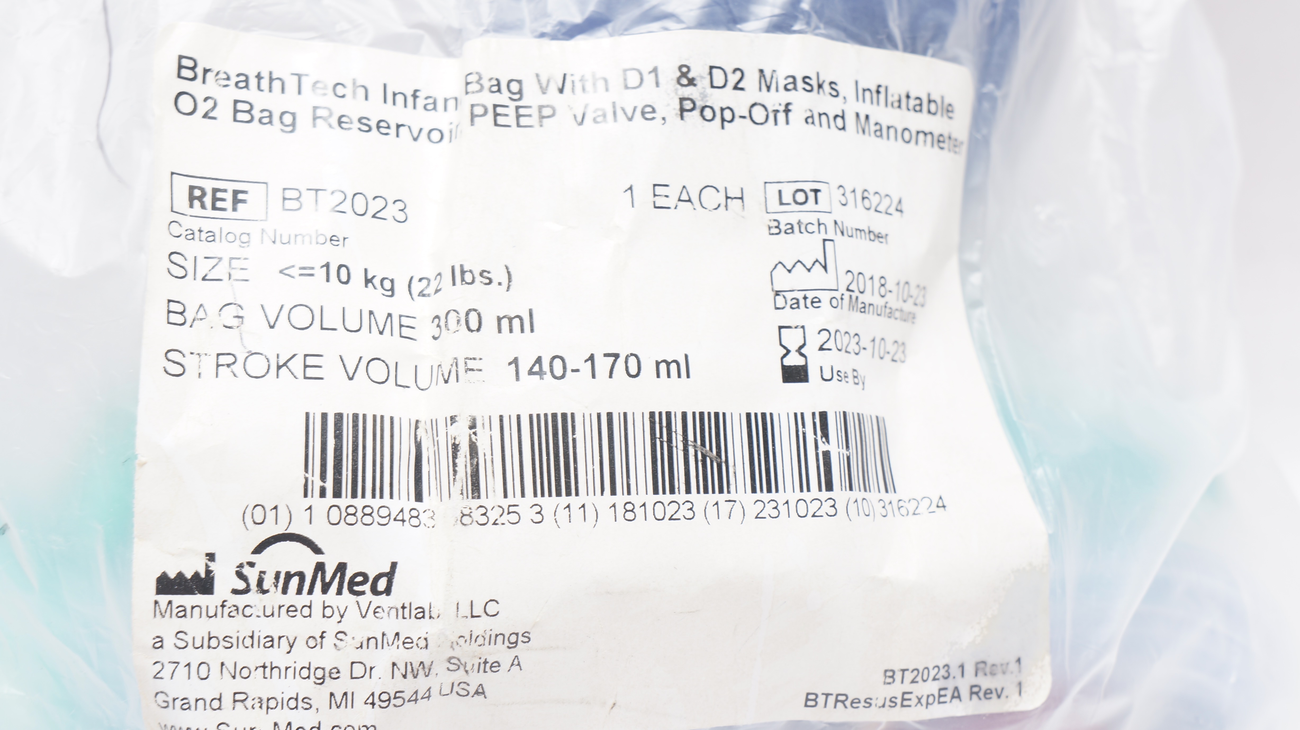 SunMed BT2023 Breath Tech Infant Resuscitator W/Bag Reservoir 22lbs 300mL (x)