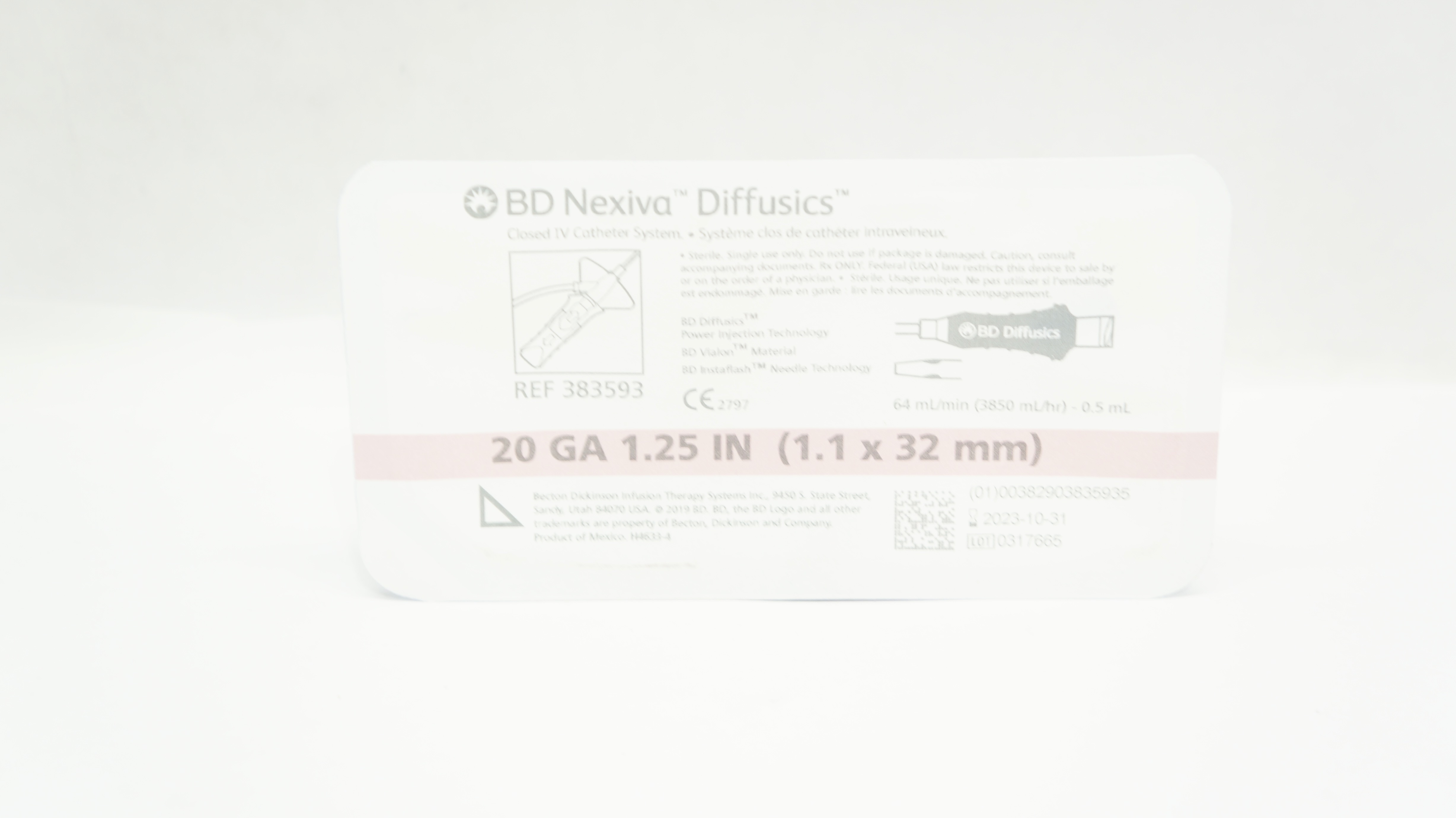 BD 383593 Nexiva Diffusics Closed IV Cath. System 20GA x 1.25inch 64mL/min (x)