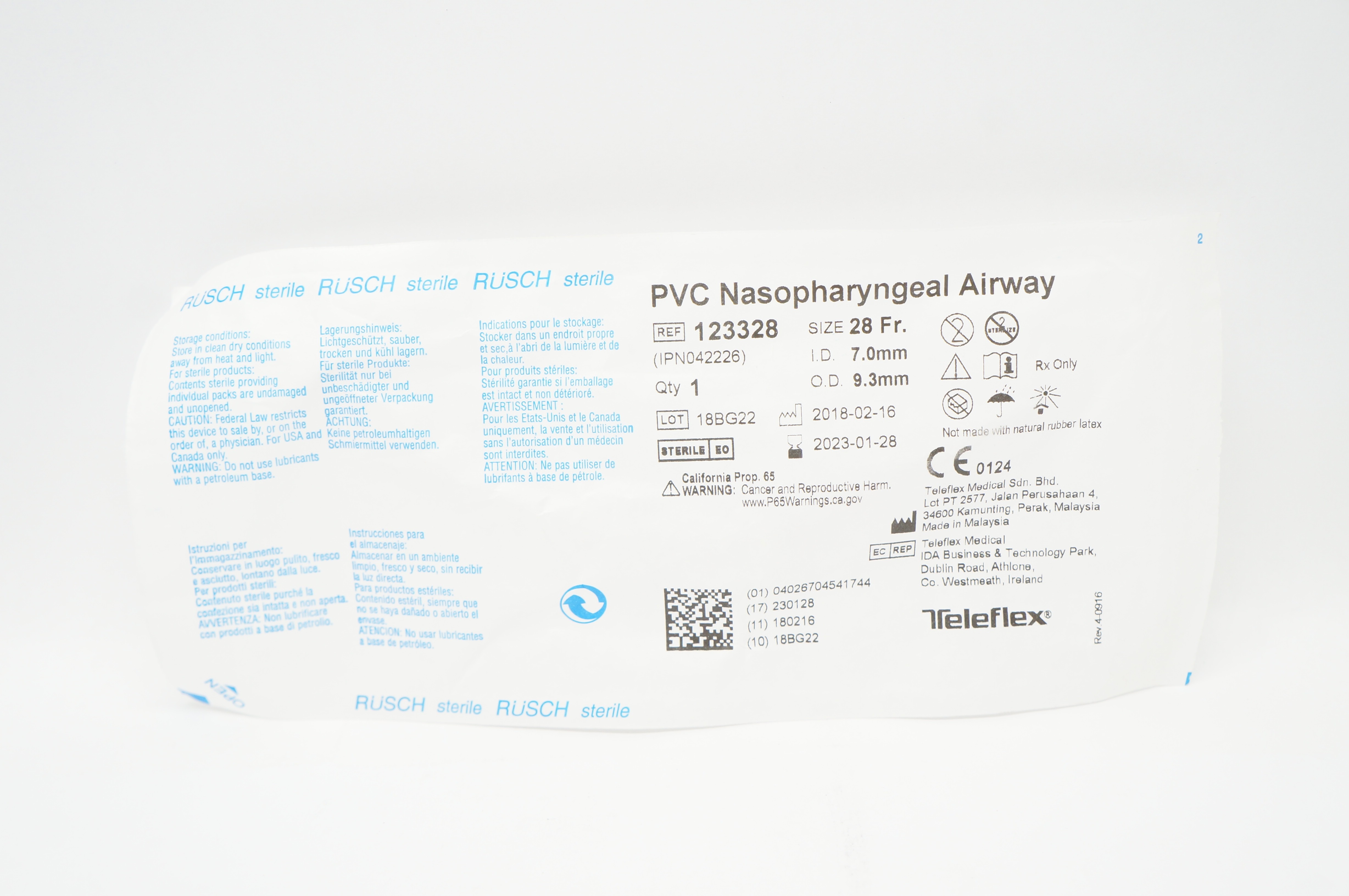 Teleflex 123328 Rusch PVC Nasopharyngeal Airway 28Fr. x ID 7.0mm x OD 9.3mm (x)