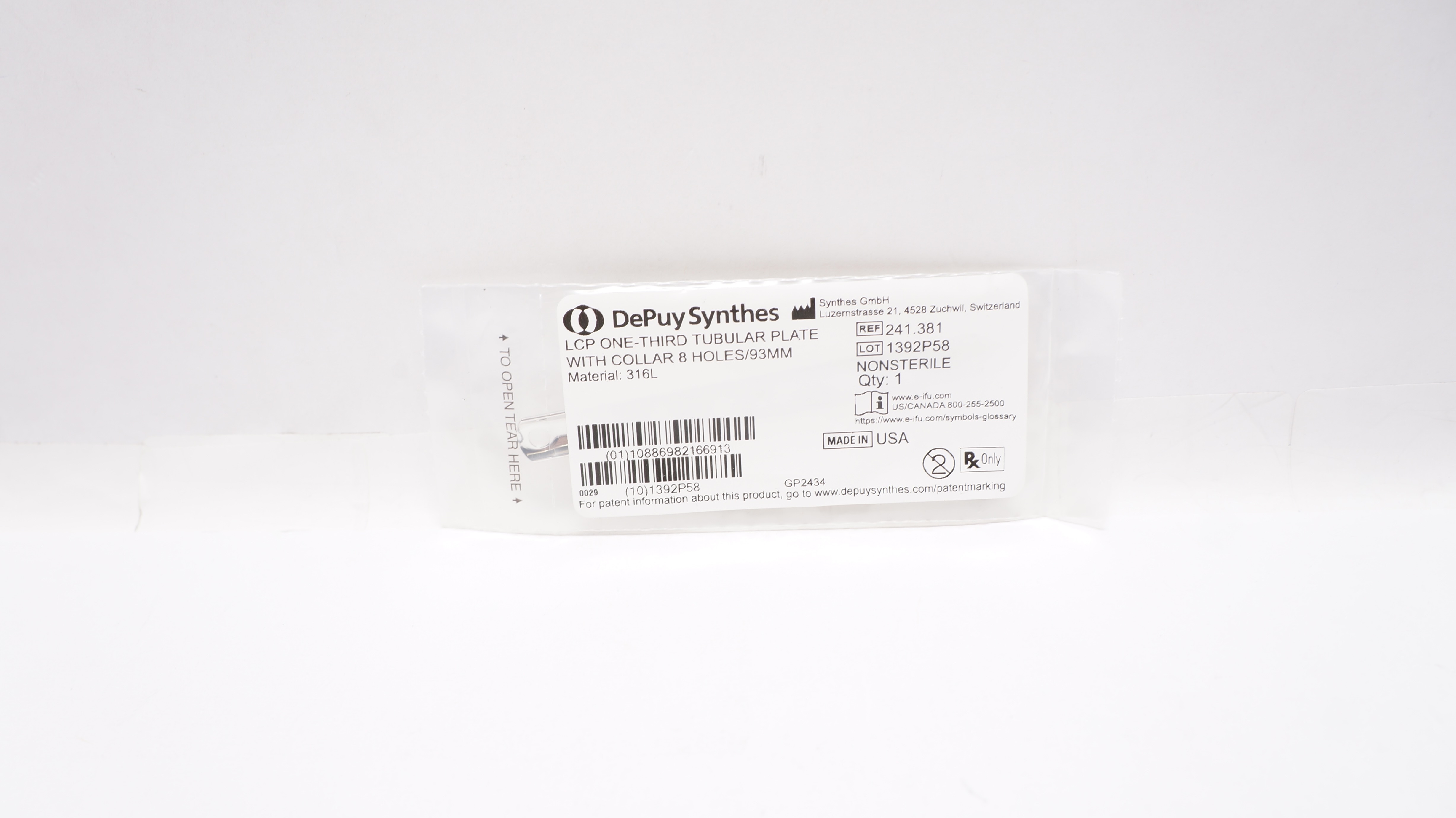 DePuySynthes 241.381 LCP One-Third Tubular Plate With Collar 8 Holes / 93mm