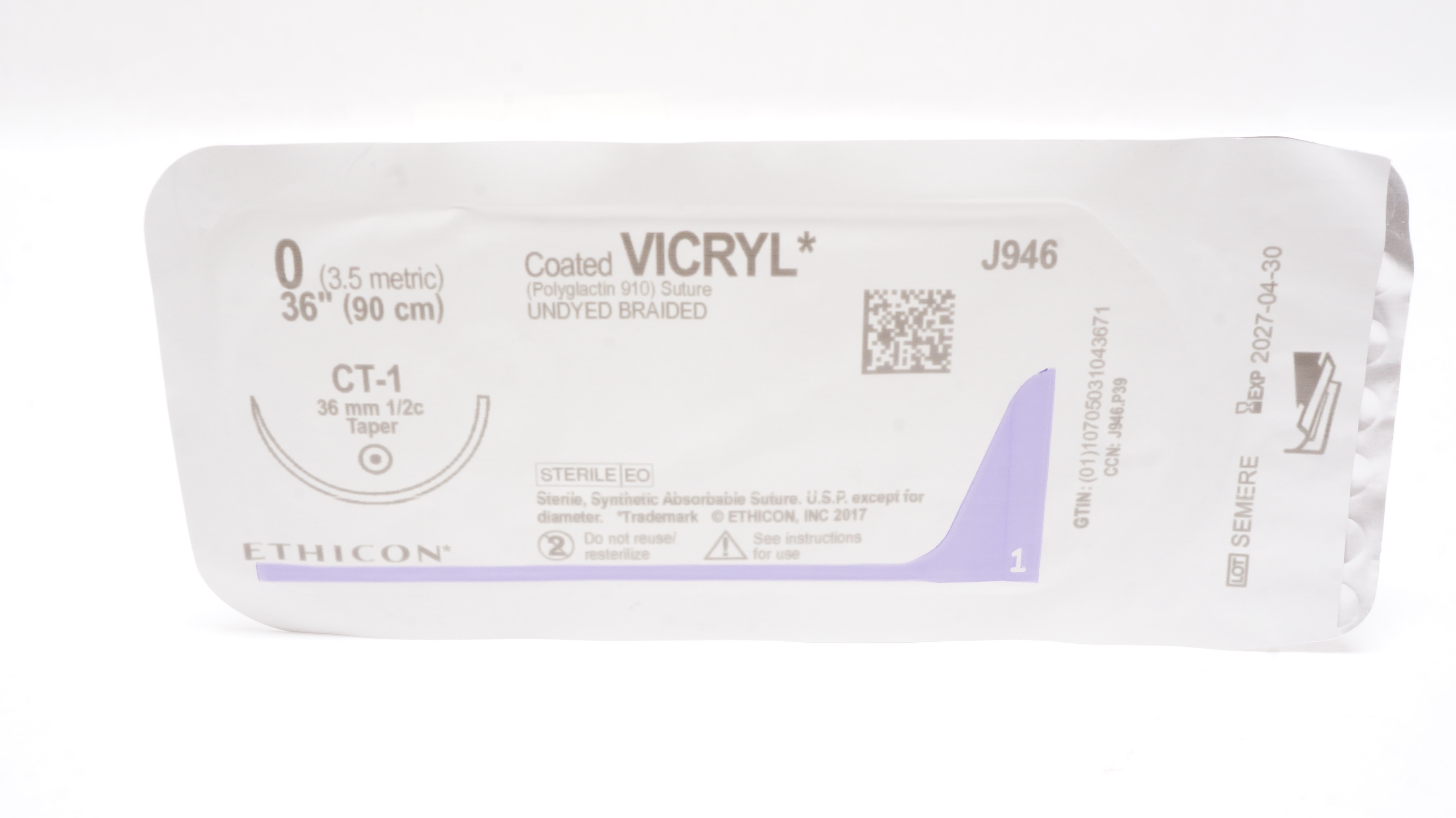 Ethicon J946 0 Coated VICRYL Stre Undyed Braided CT-1 36mm 1/2c Taper, 36inch