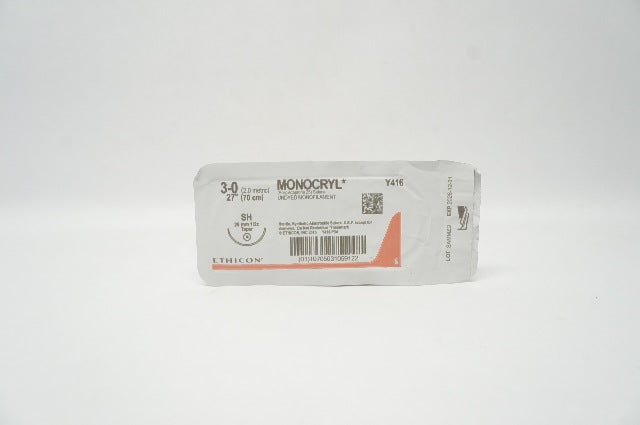 Ethicon Y416 3-0 Monocryl Stre Undyed Monofilament SH 26mm 1/2c Taper, 27inch