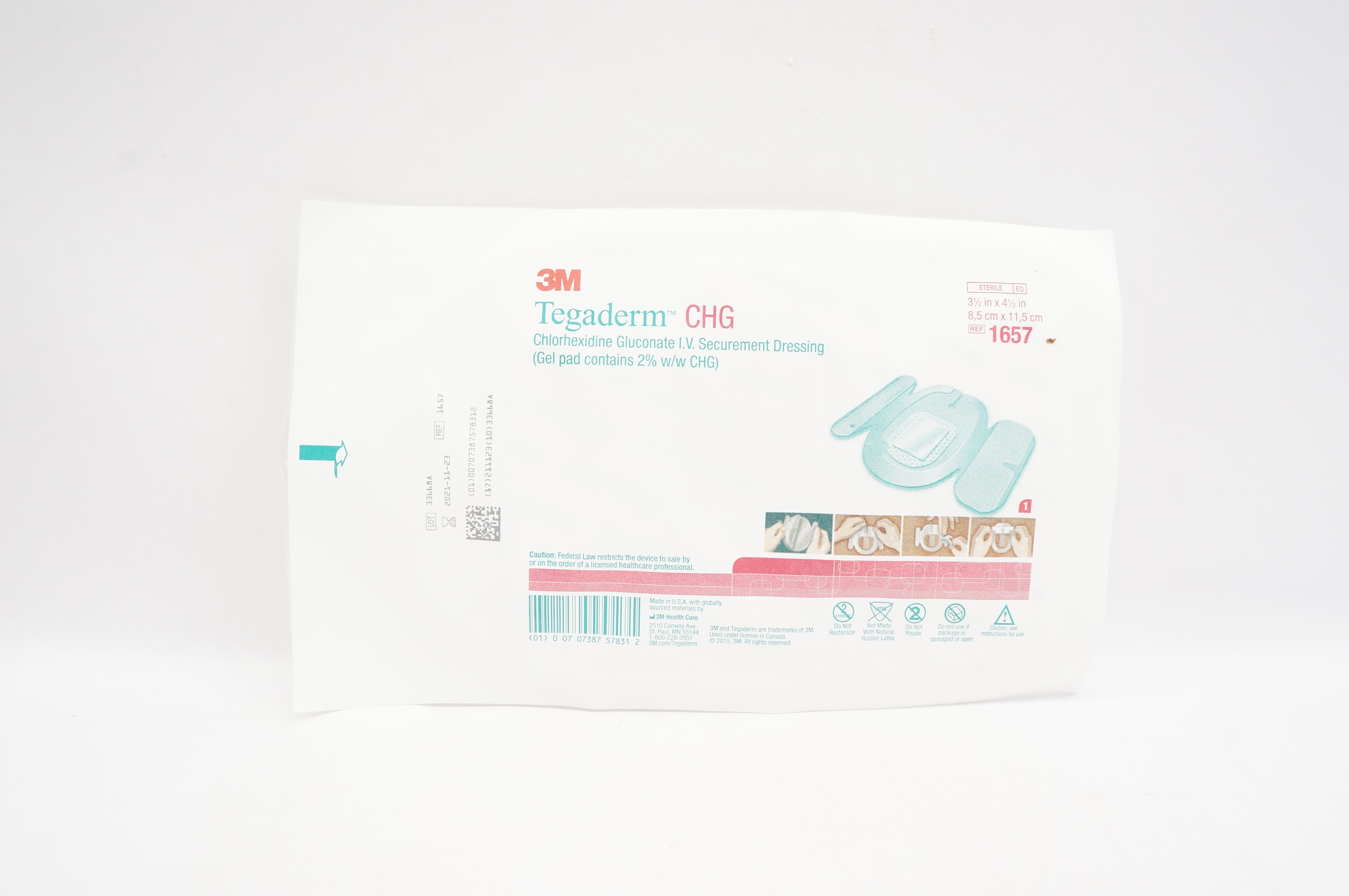 3M 1657 Chlorhexidine Gluconate I.V. Securement Dressing 3-1/2in. x 4-1/2in. (x)