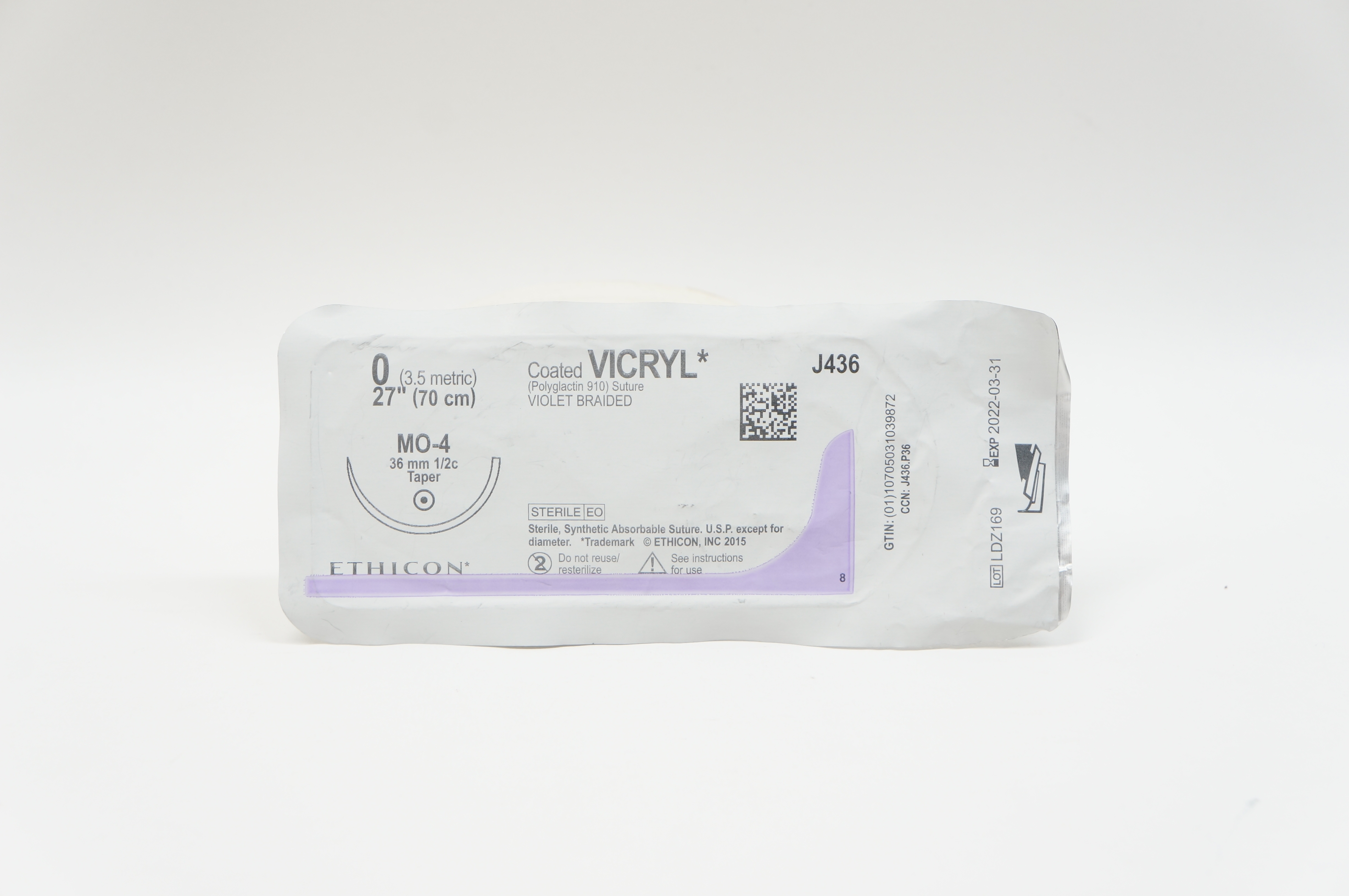 Ethicon J436 0 VICRYL, MO-4, 36mm 1/2c Taper, 27inch