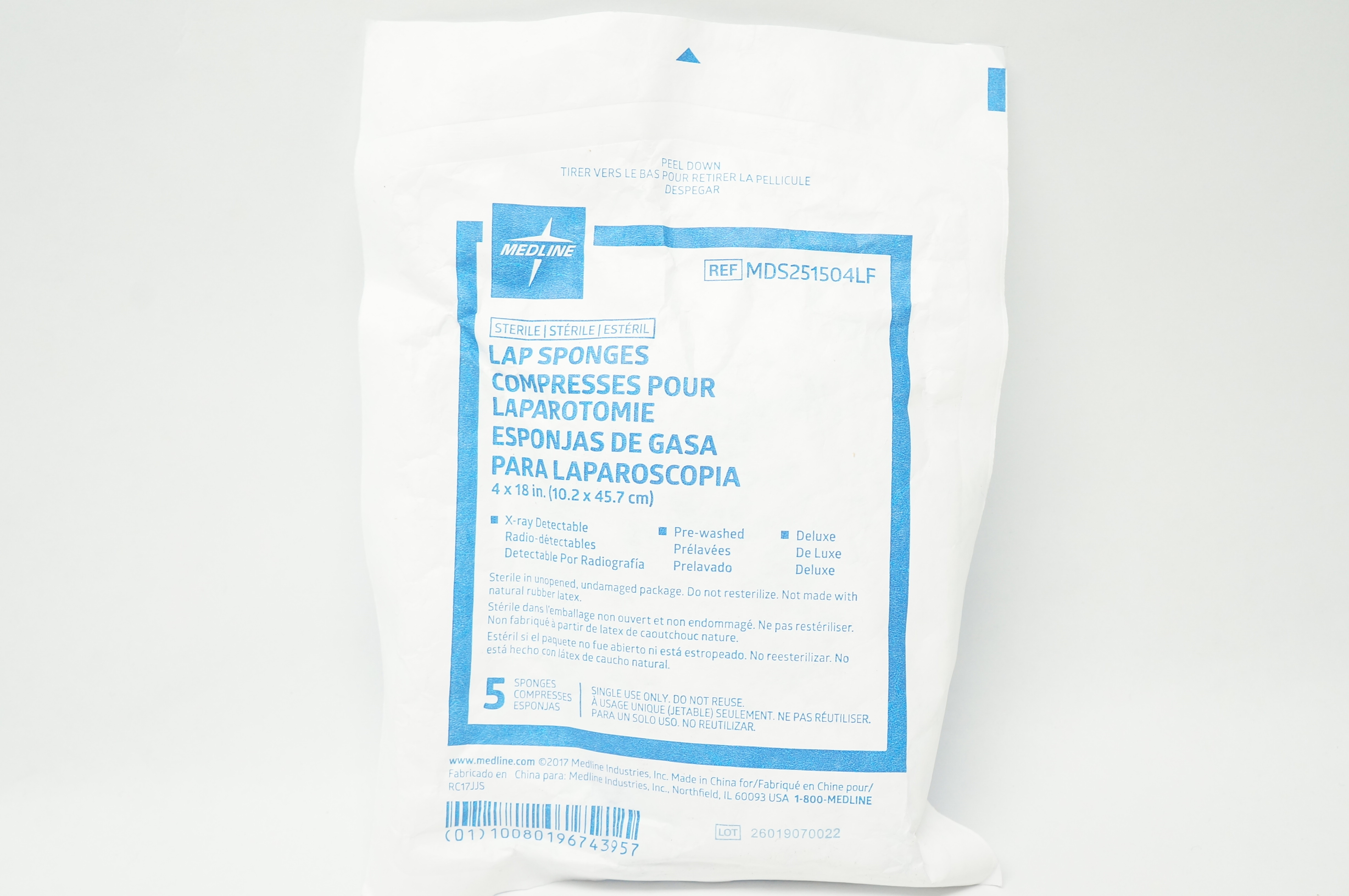 Medline MDS251504LF Lap Sponges X-Ray Detectable, Deluxe 4 x 18inch - Pack of 5