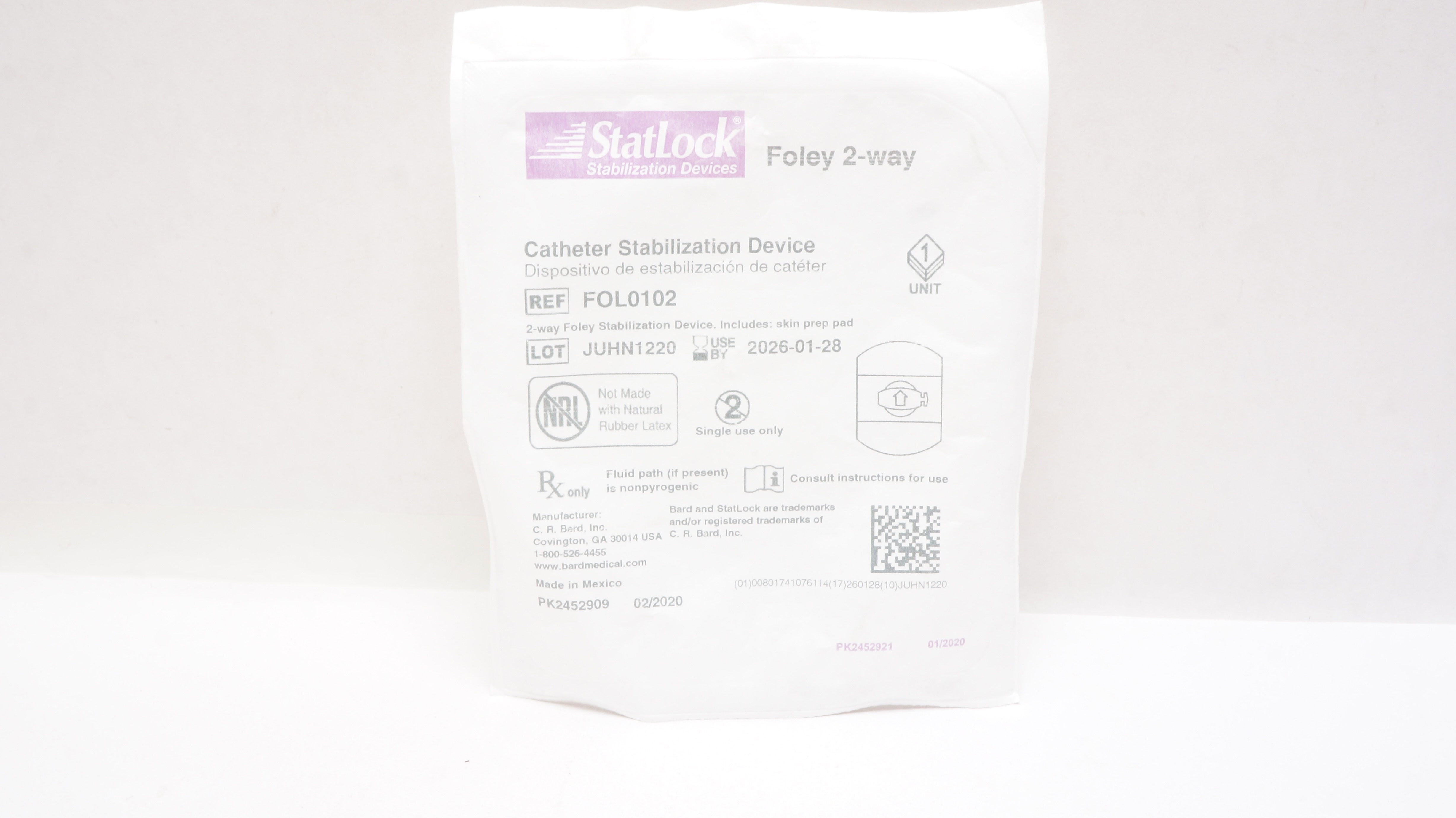 Bard FOL0102 Statlock Cath. Stabilization Device, Foley 2-Way
