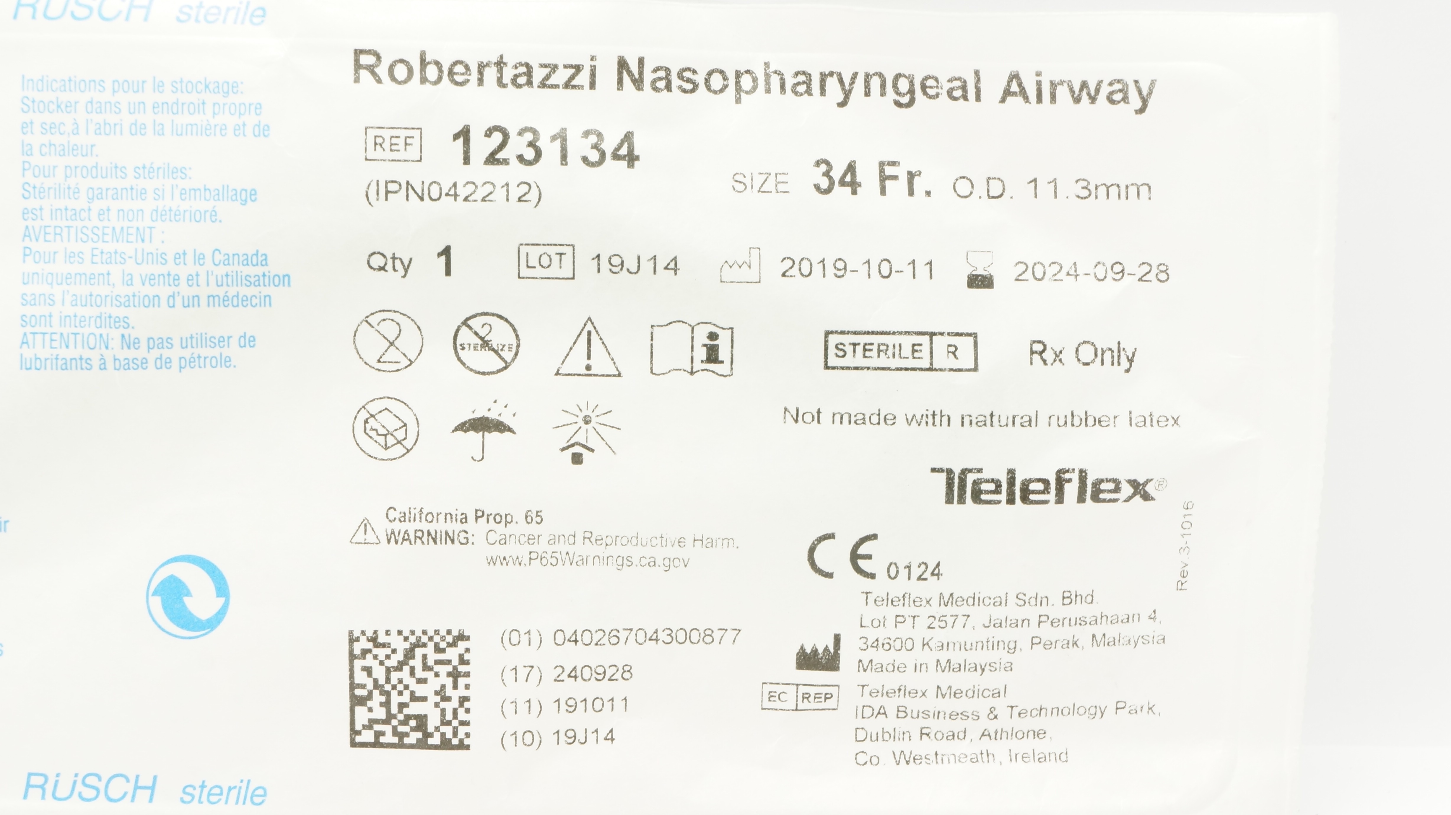 Teleflex 123134 Rusch Robertazzi Nasopharyngeal Airway 34Fr x 11.3mm OD (x)