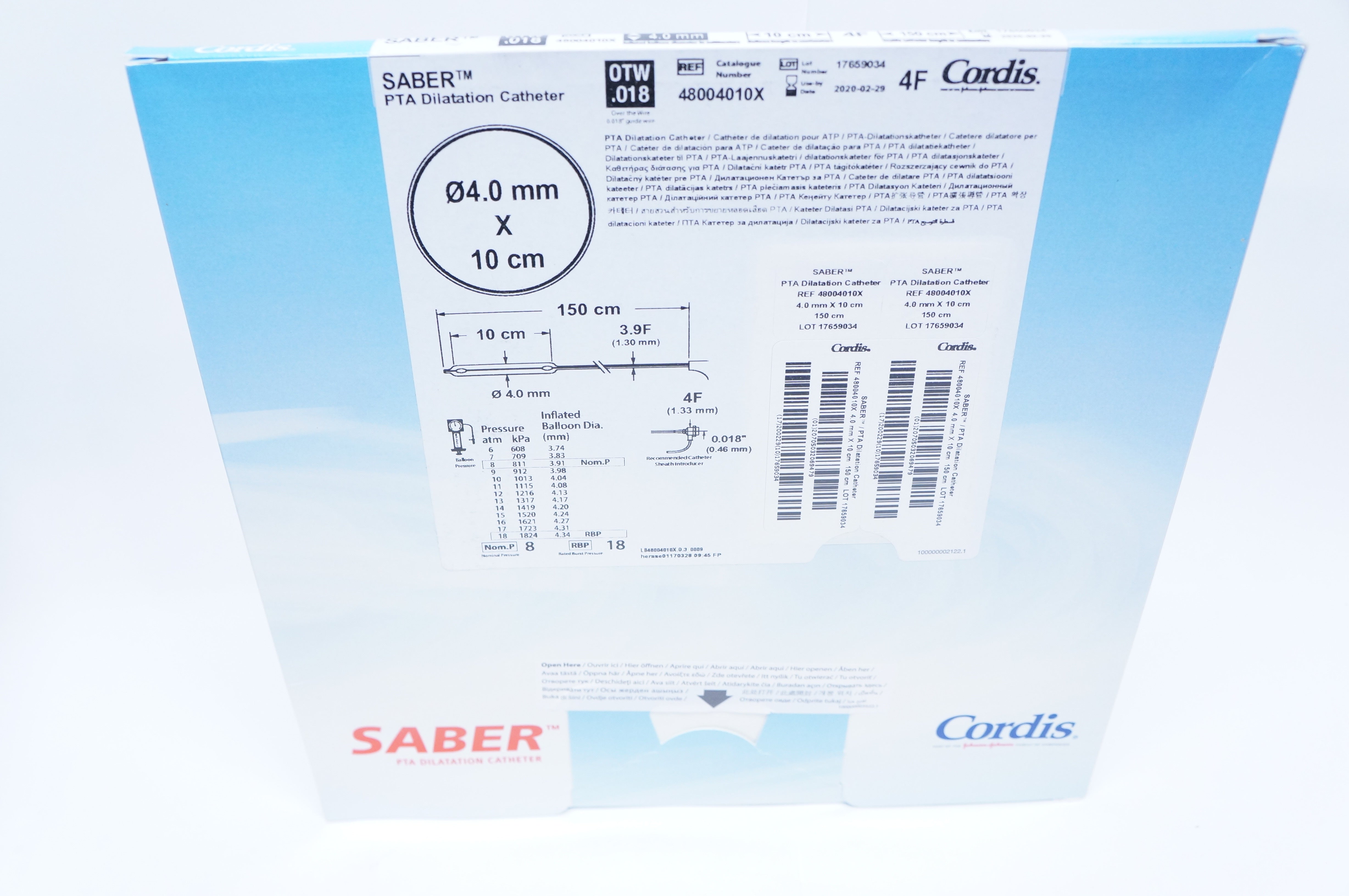 Cordis 48004010X SABER PTA Dilatation Cath. 4F, 4.0mm x 10cm (x)