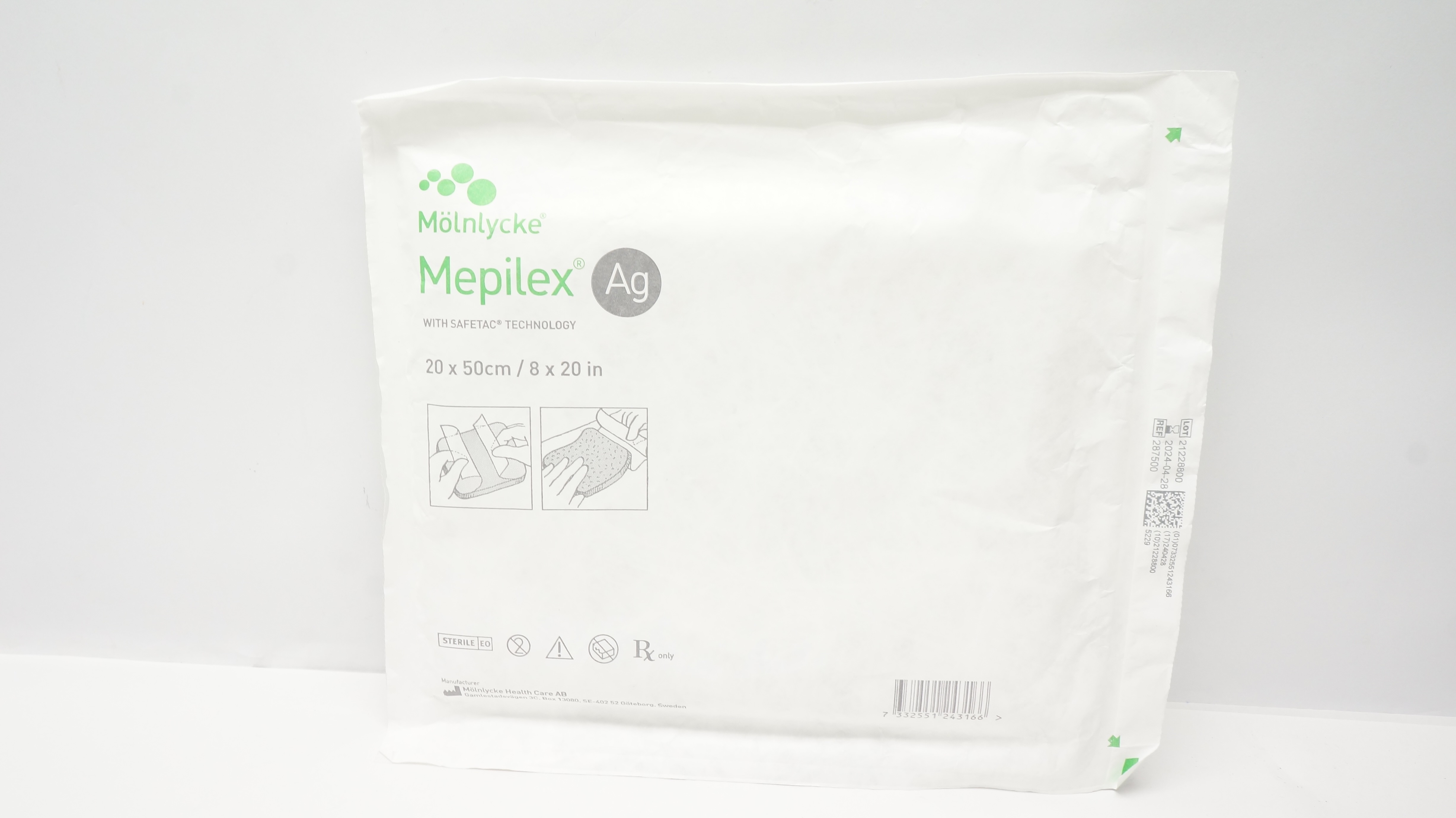 Molnlycke 287500 Mepilex Ag Antimicrobial Foam Dressing 8 x 20inch (x)
