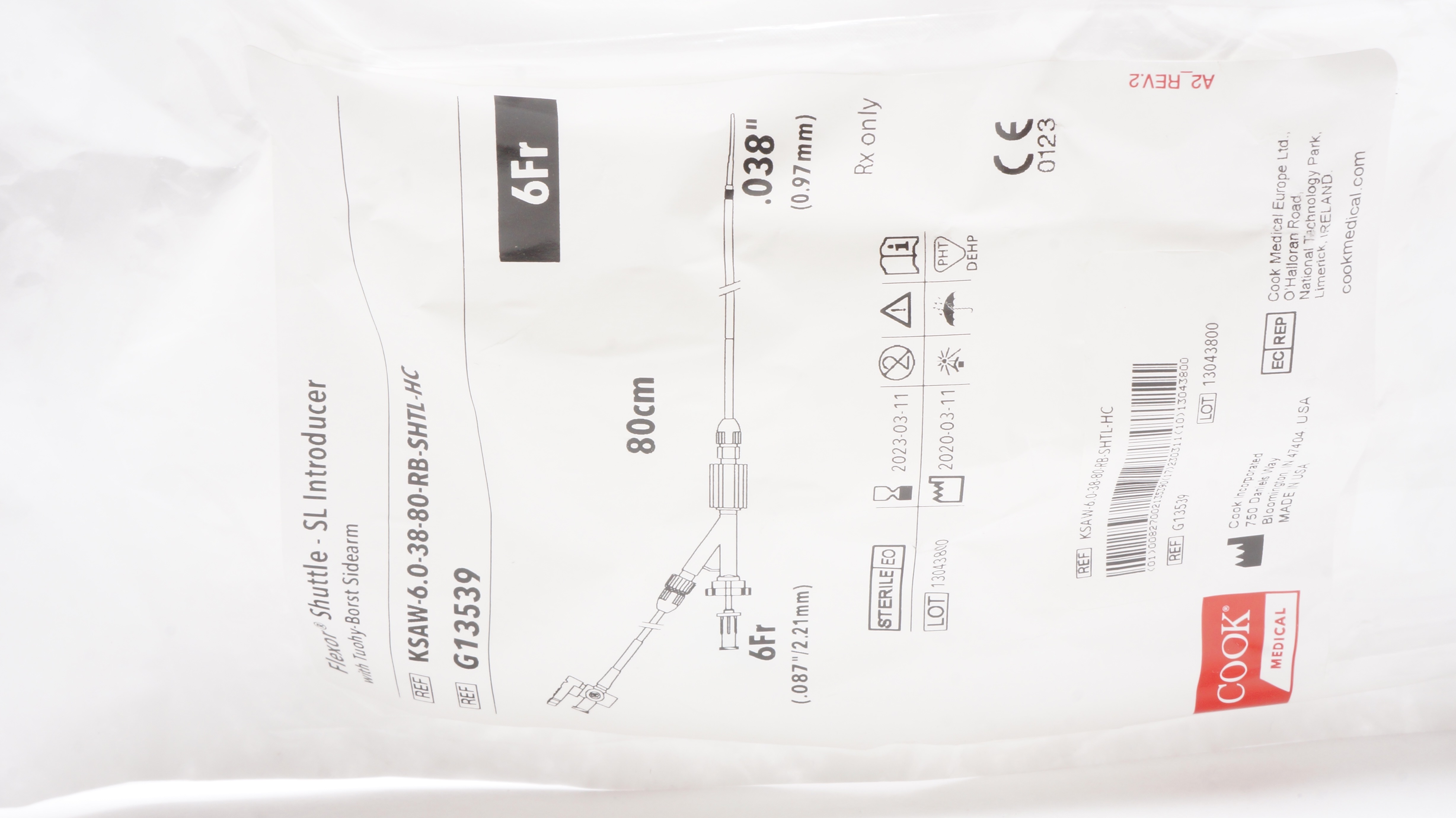 Cook Medical G13539 Flexor Shuttle SL Introducer w/Sidearm 6Fr x 80cm (x)