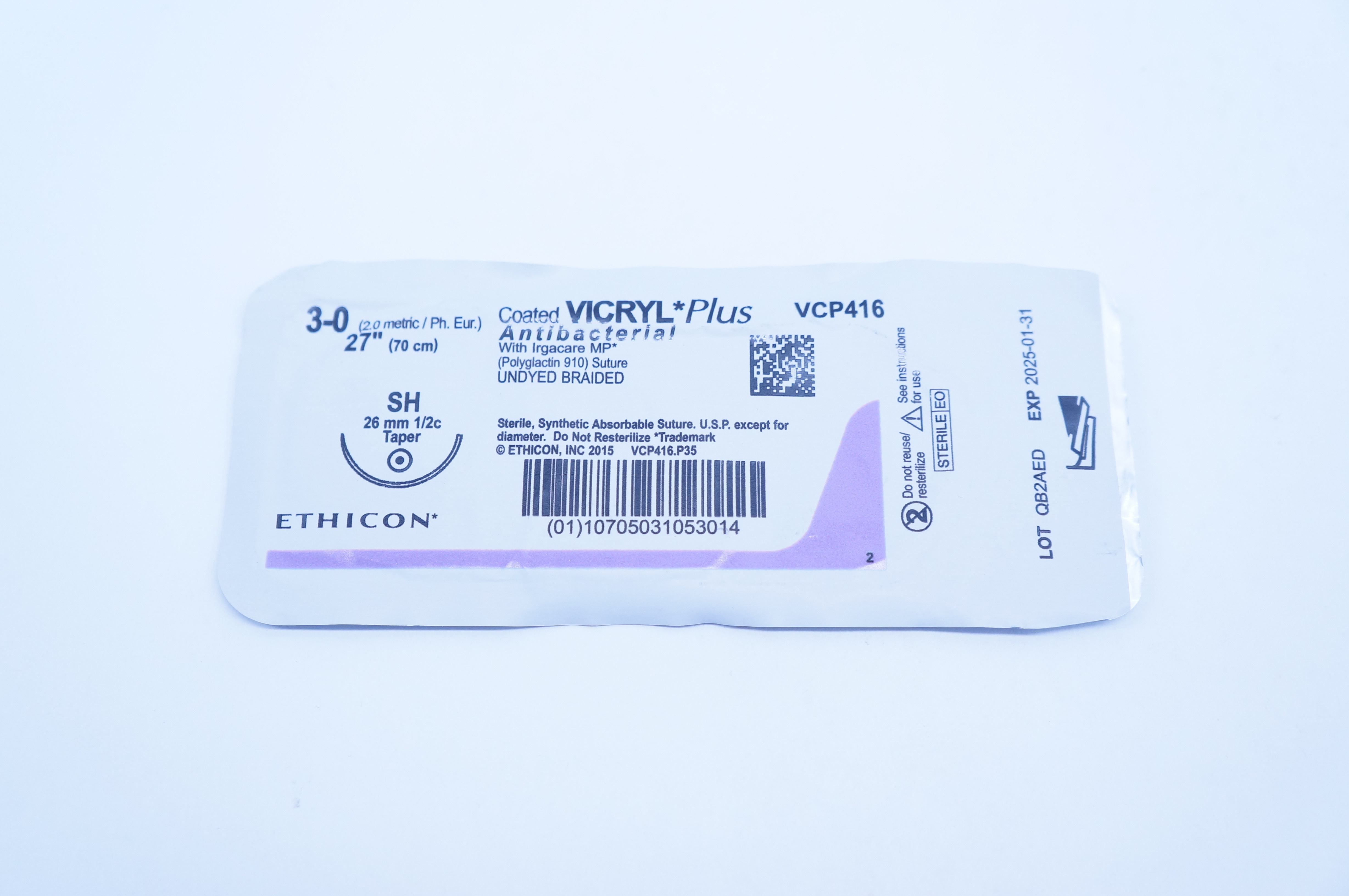 Ethicon VCP416 3-0 VICRYL Plus, SH, 26mm 1/2c Taper, 27inch