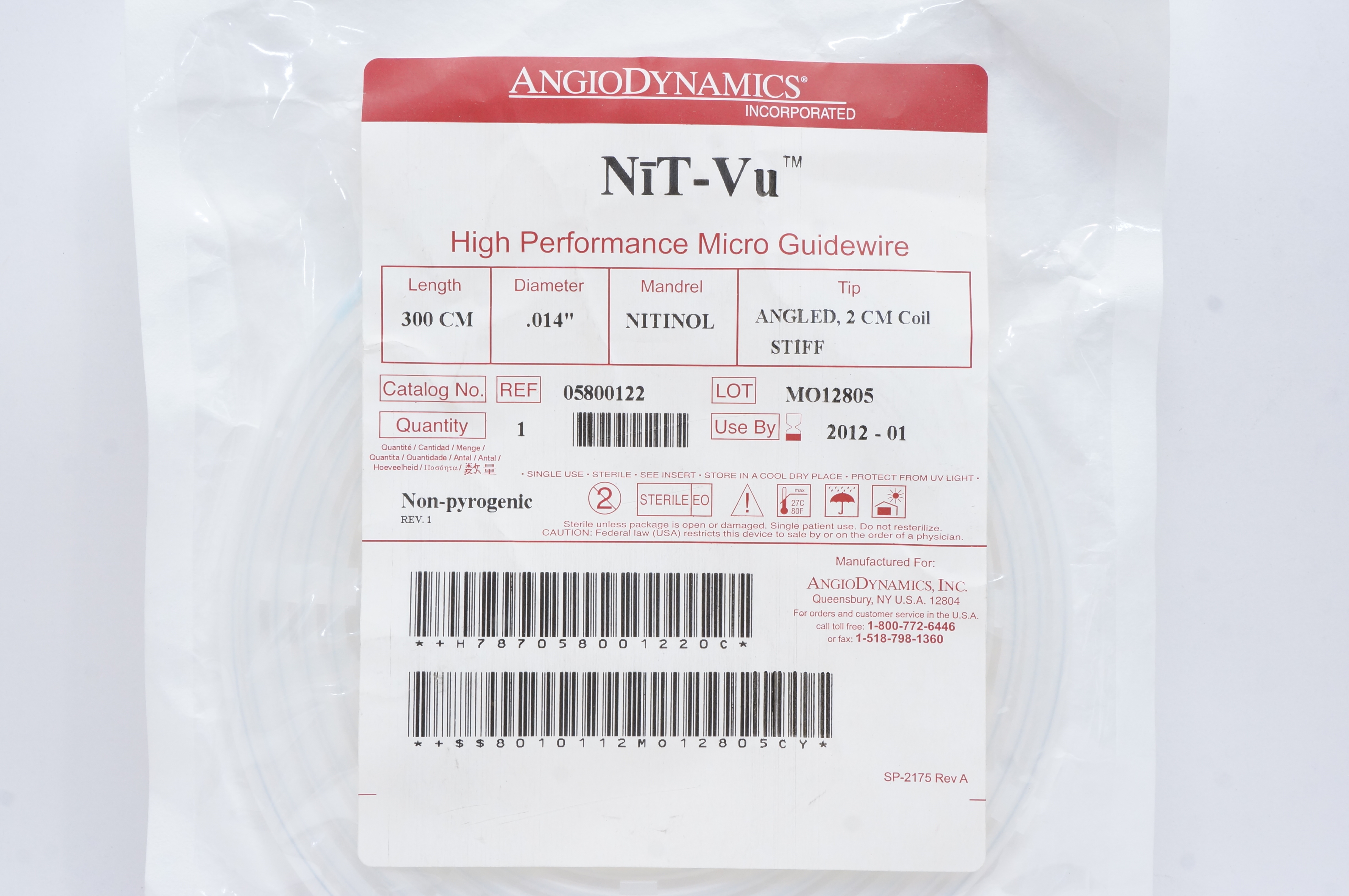AngioDynamics 05800122 Nit-Vu High Performance Micro Guidewire 0.014inch x 300cm