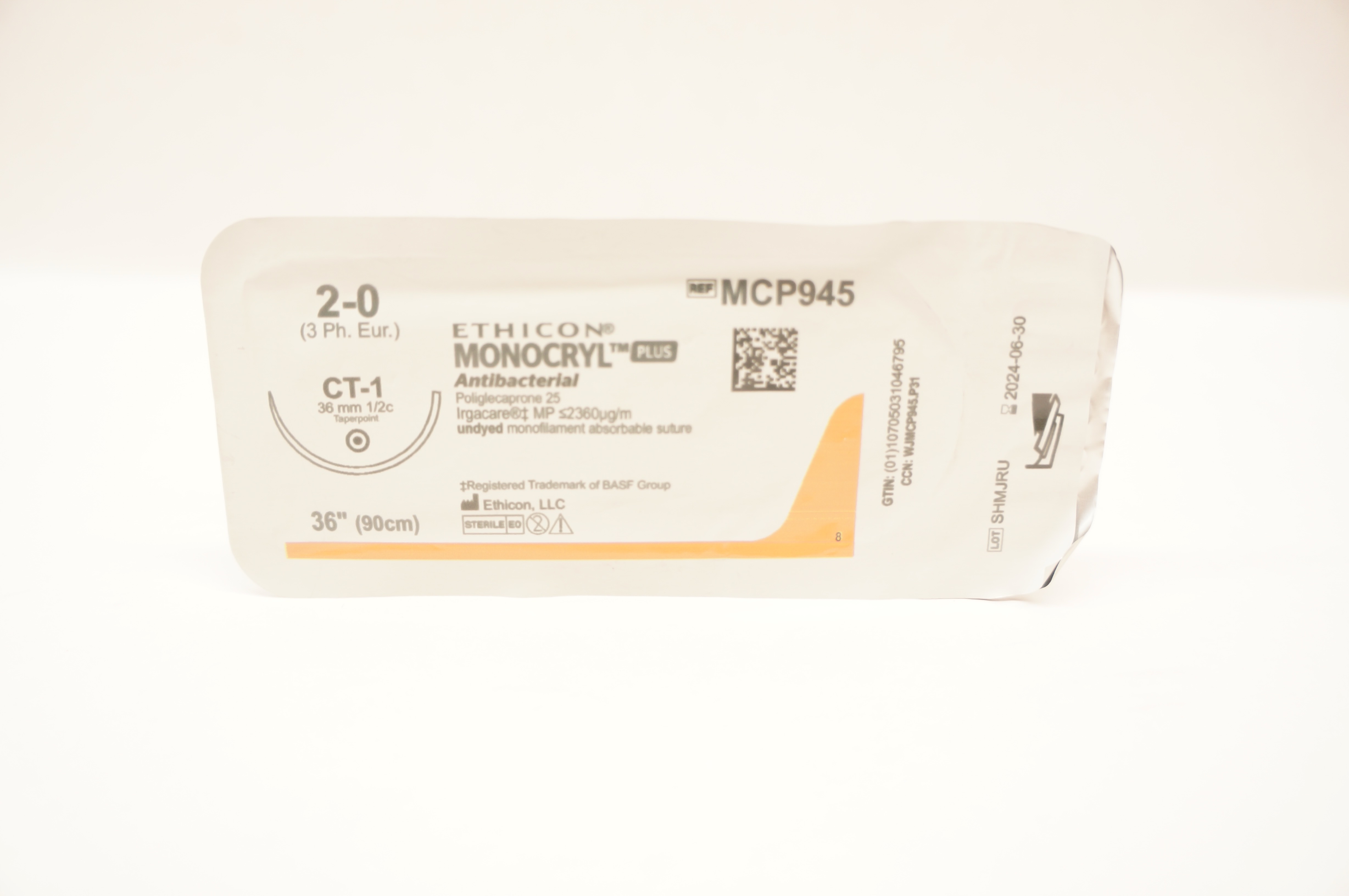 Ethicon MCP945 2-0 MONOCRYL Plus Antibacterial Stre CT-1 36mm 1/2c Taper 36inch