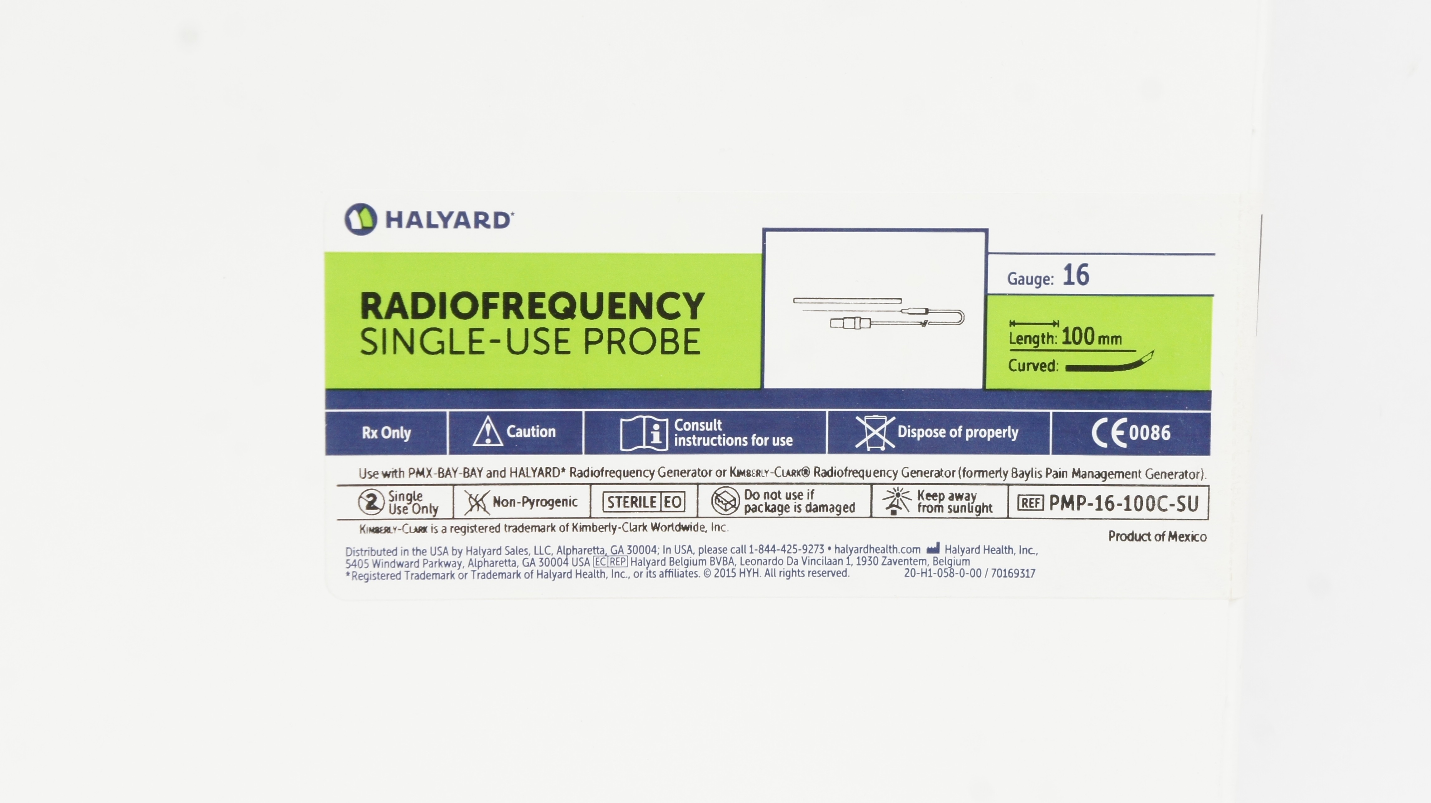 Halyard PMP-16-100C-SU Radiofrequency Single-Use Probe 16Ga x 100mm