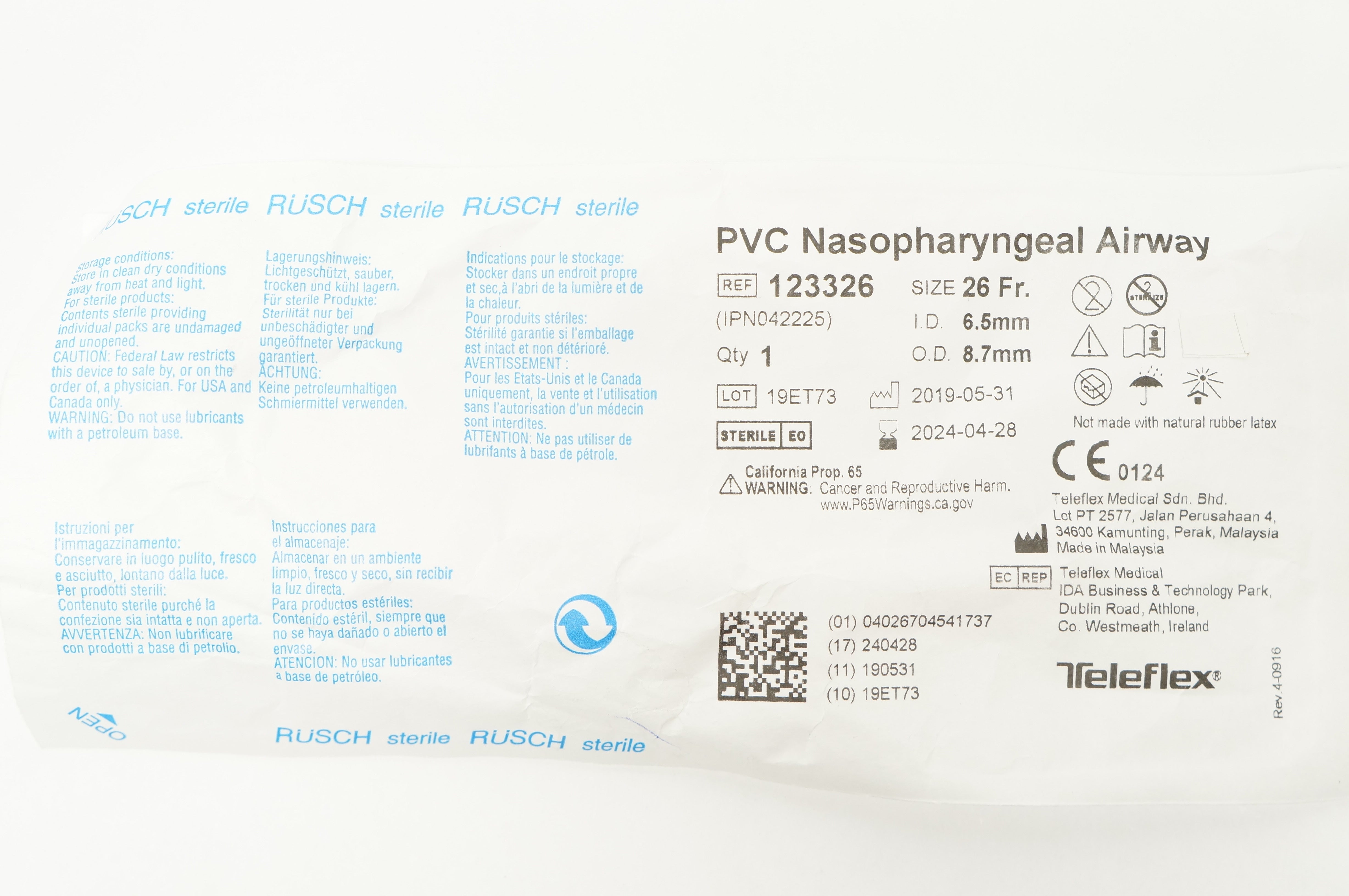 Teleflex 123326 Rusch PVC Nasopharyngeal Airway 26Fr x 6.5mm I.D. x 8.7mm O.D.